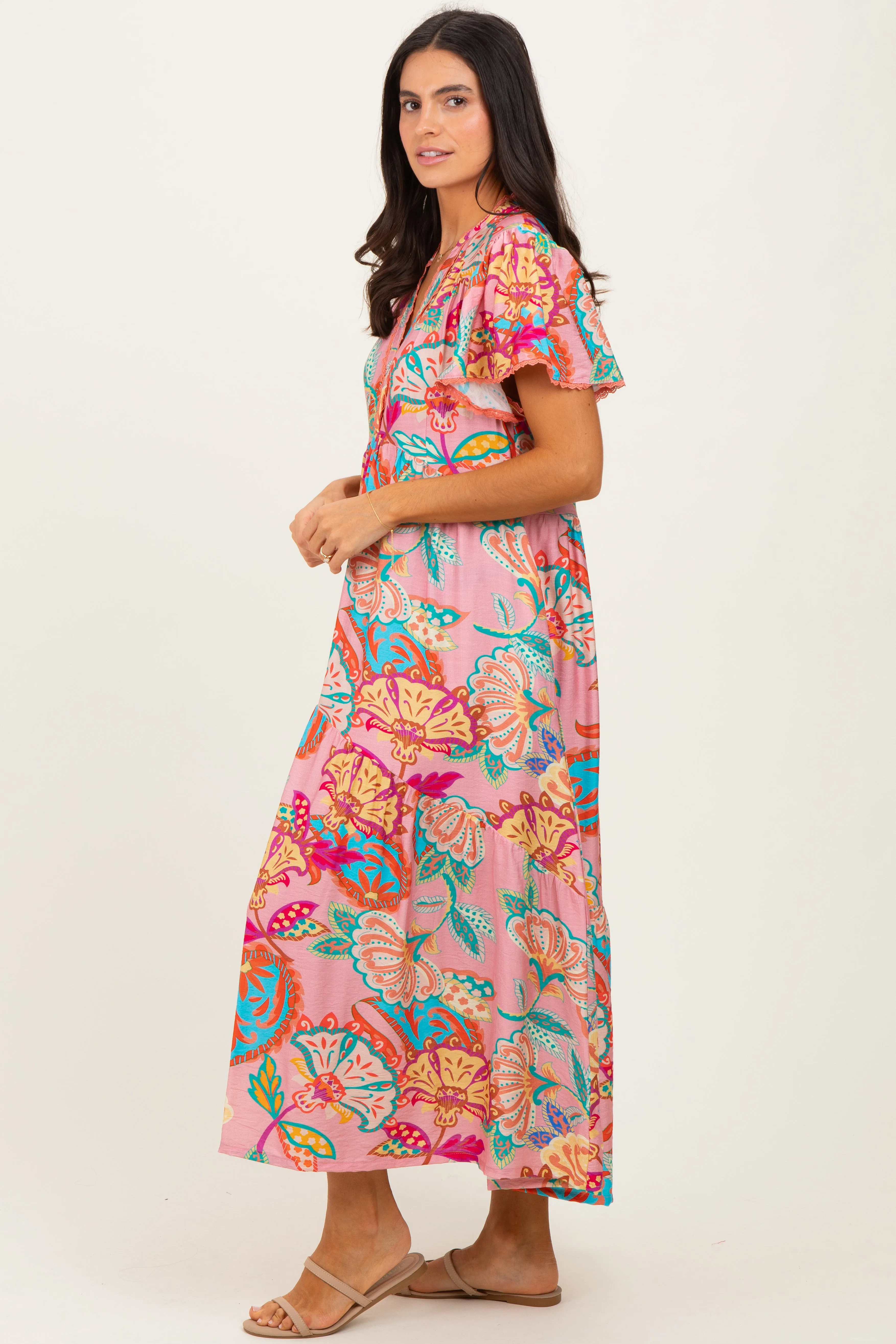 Pink Boho Print Lace Trim Tiered Midi Dress sold by Pinkblush product image thumbnail 2