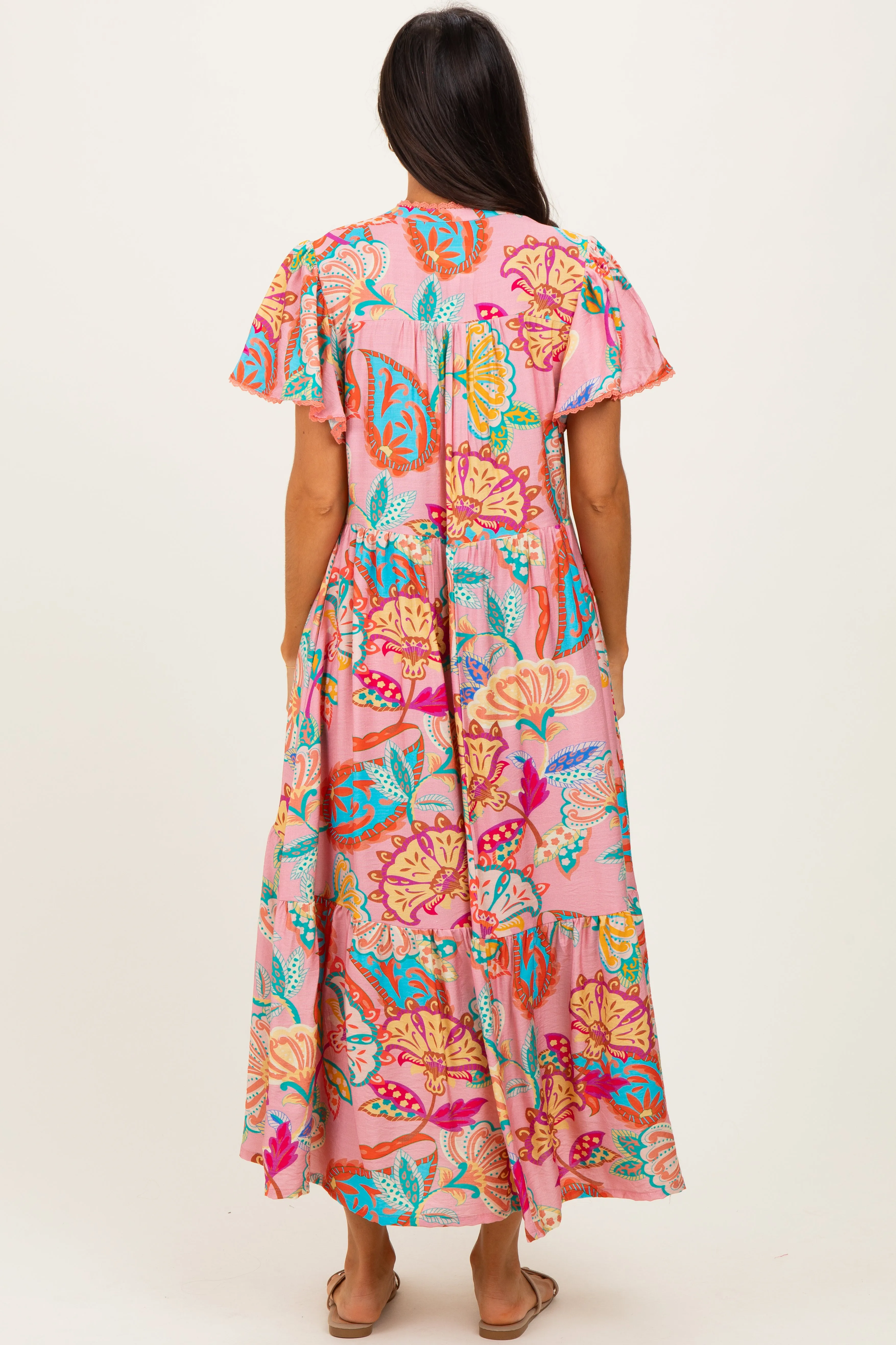 Pink Boho Print Lace Trim Tiered Midi Dress sold by Pinkblush product image thumbnail 3