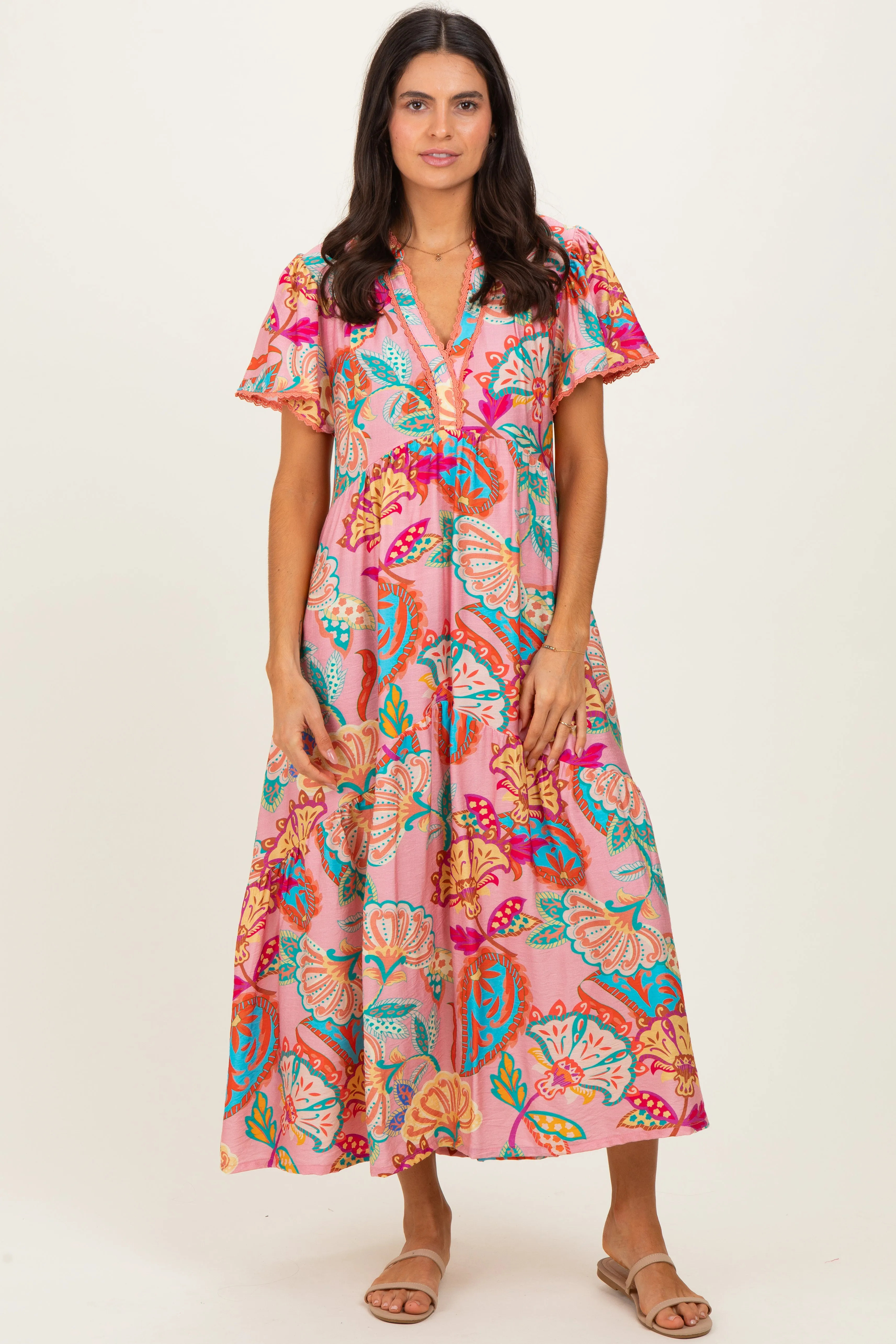 Pink Boho Print Lace Trim Tiered Midi Dress sold by Pinkblush