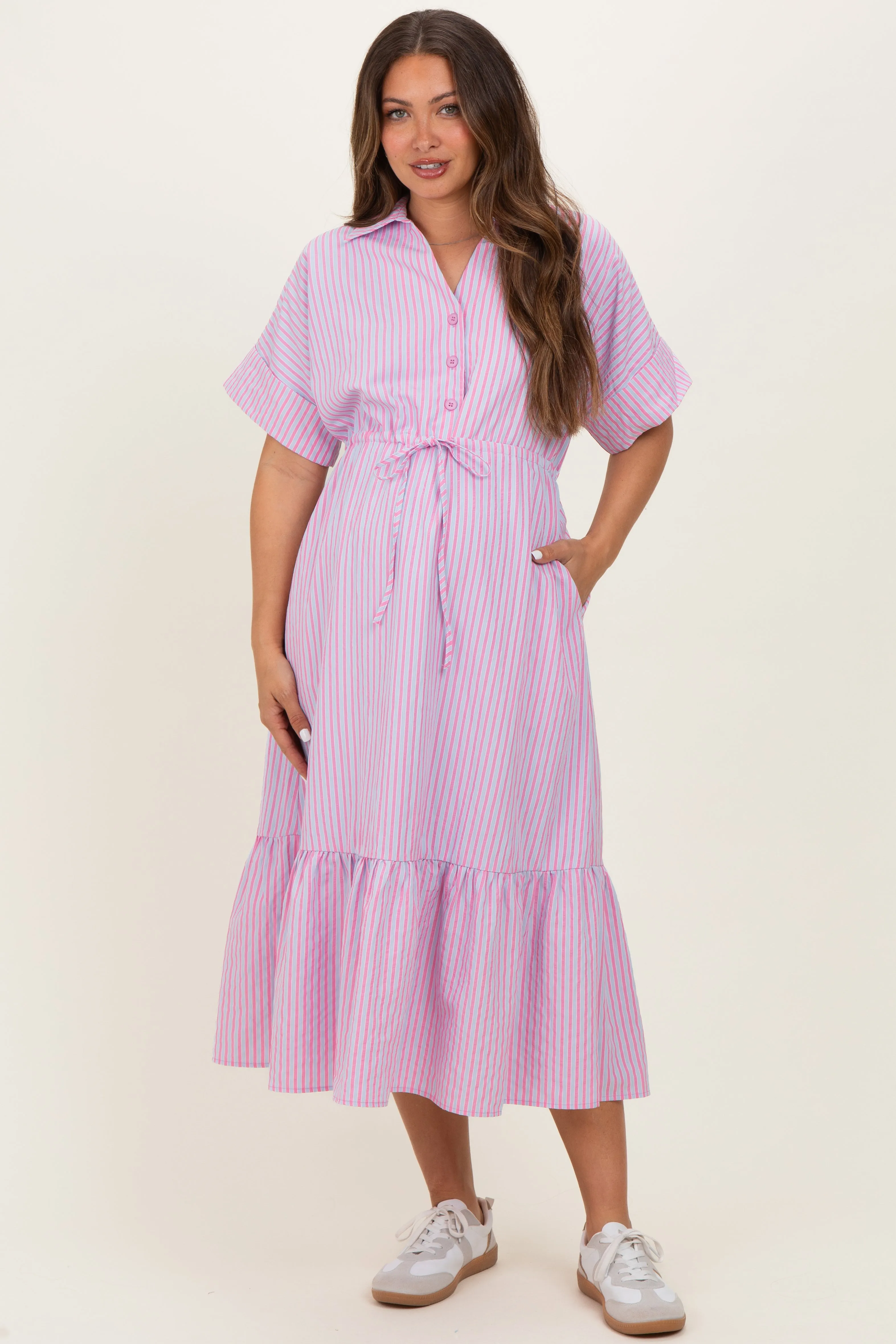 Pink Striped Button Collared Maternity Midi Dress sold by Pinkblush product image thumbnail 2