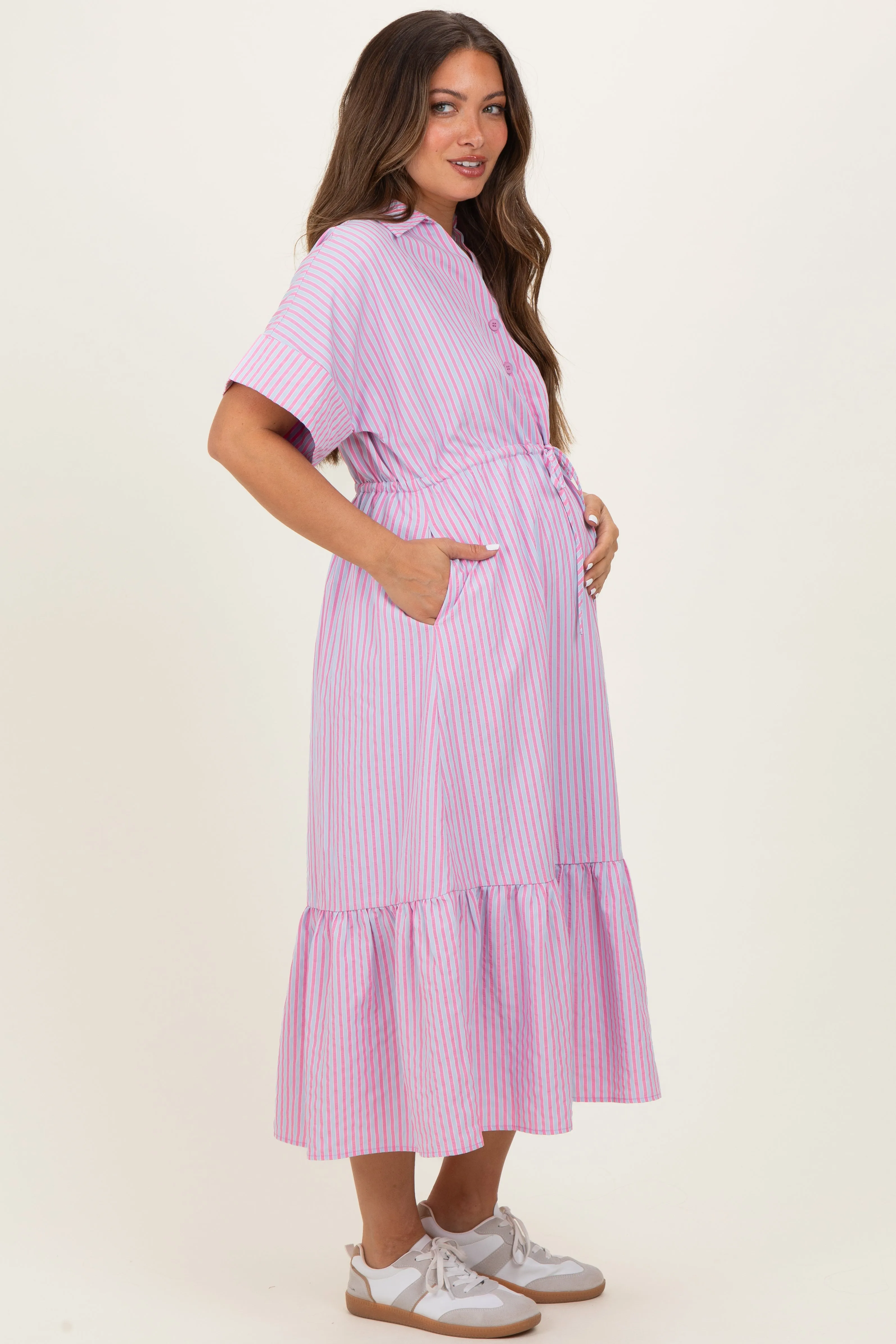 Pink Striped Button Collared Maternity Midi Dress sold by Pinkblush product image thumbnail 3