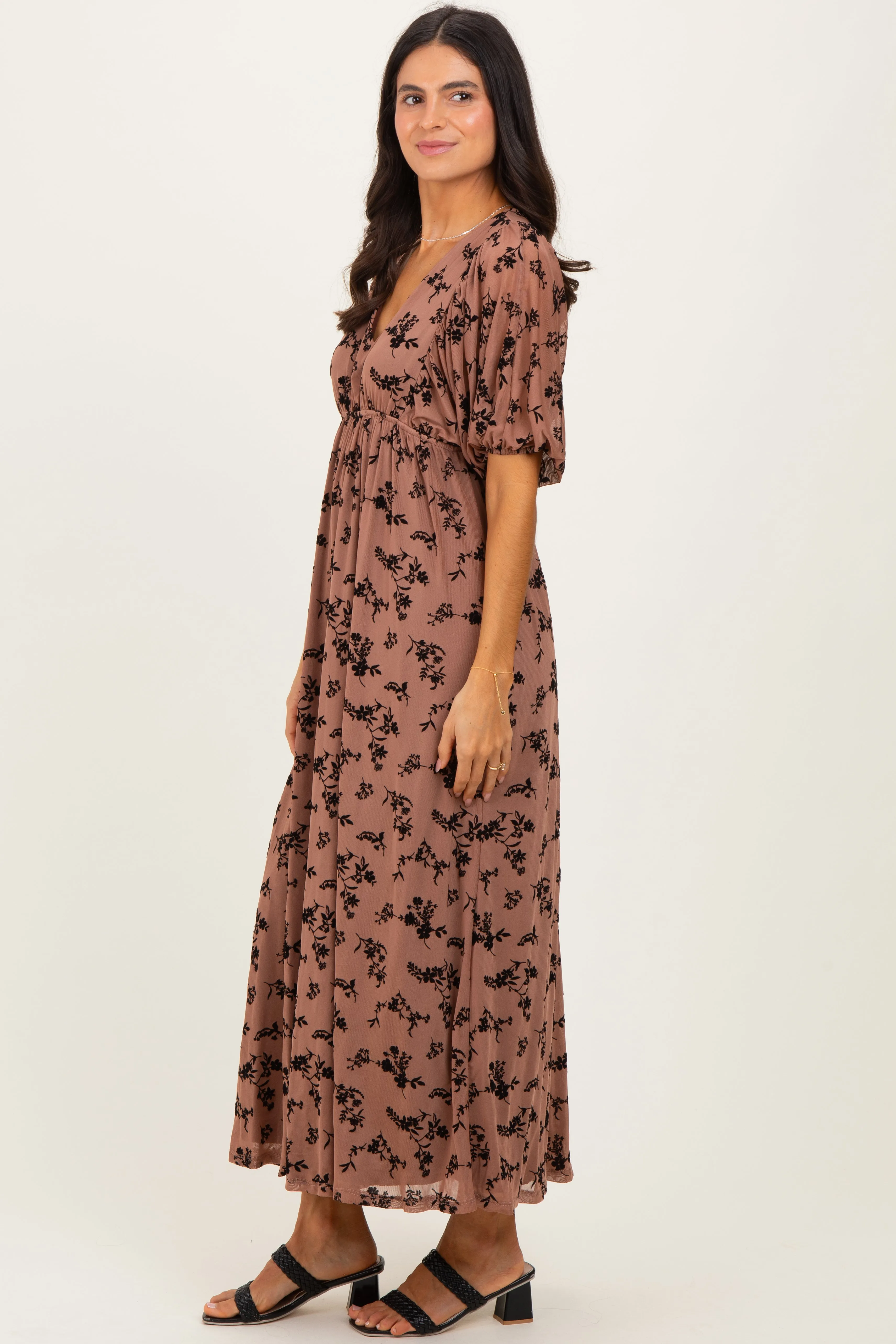 Mocha/Brown Floral Mesh 3/4 Sleeve V-Neck Maxi Dress sold by Pinkblush product image thumbnail 3