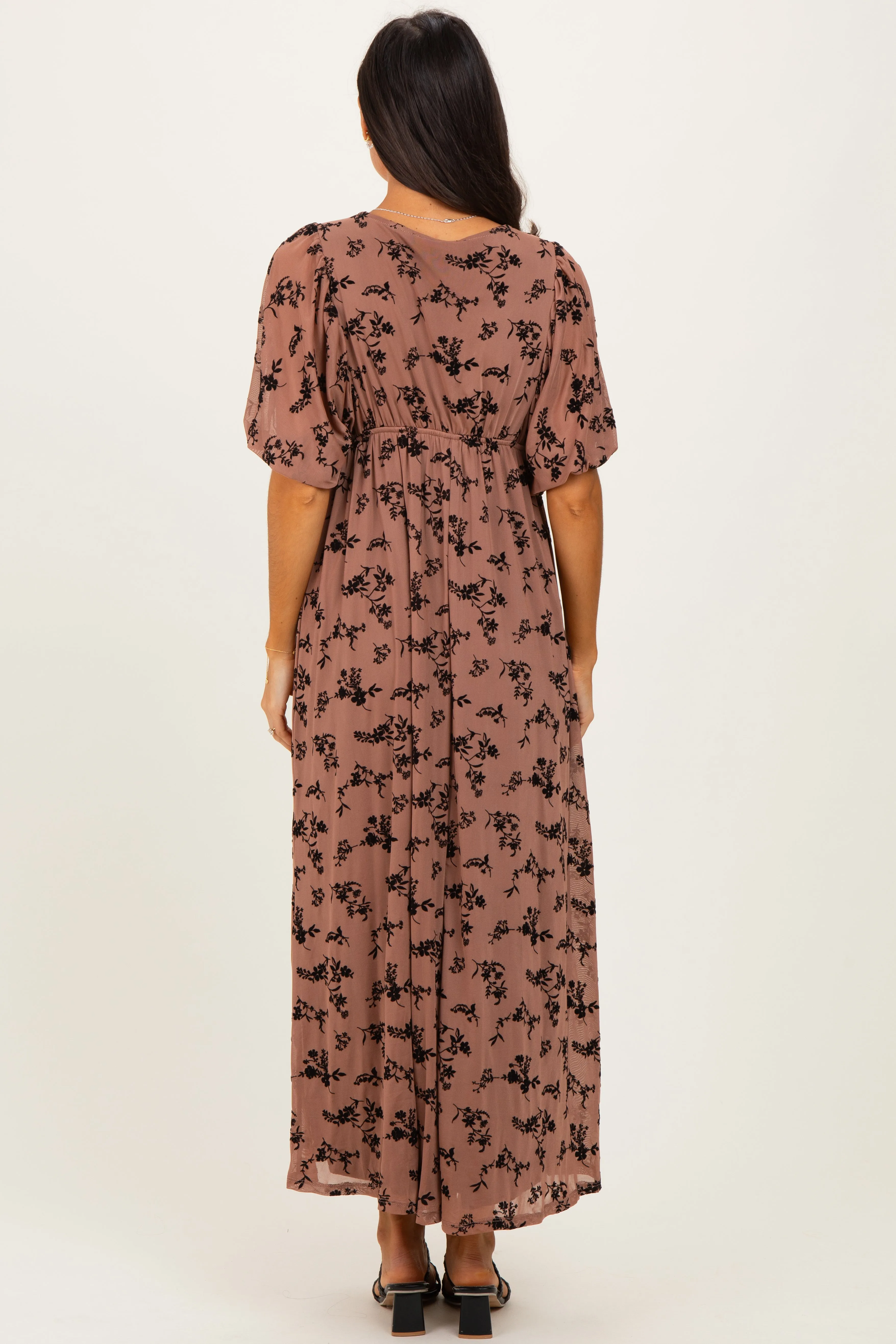 Mocha/Brown Floral Mesh 3/4 Sleeve V-Neck Maxi Dress sold by Pinkblush product image thumbnail 4