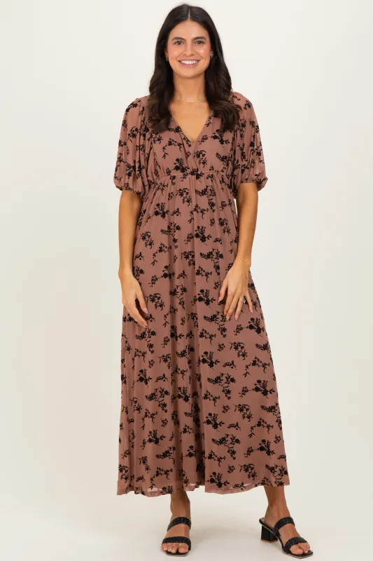 Mocha/Brown Floral Mesh 3/4 Sleeve V-Neck Maxi Dress sold by Pinkblush