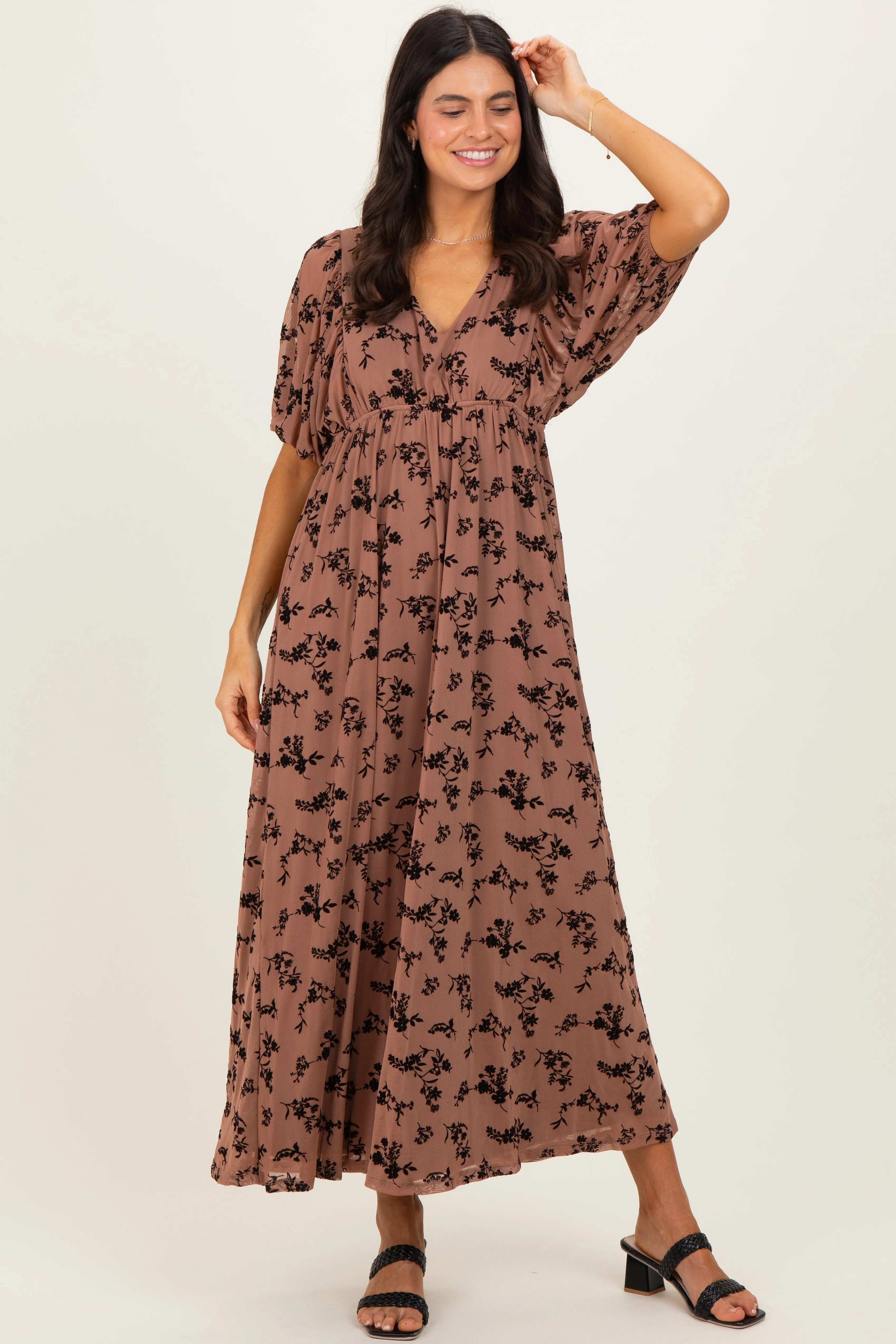 Mocha/Brown Floral Mesh 3/4 Sleeve V-Neck Maxi Dress sold by Pinkblush product image thumbnail 2