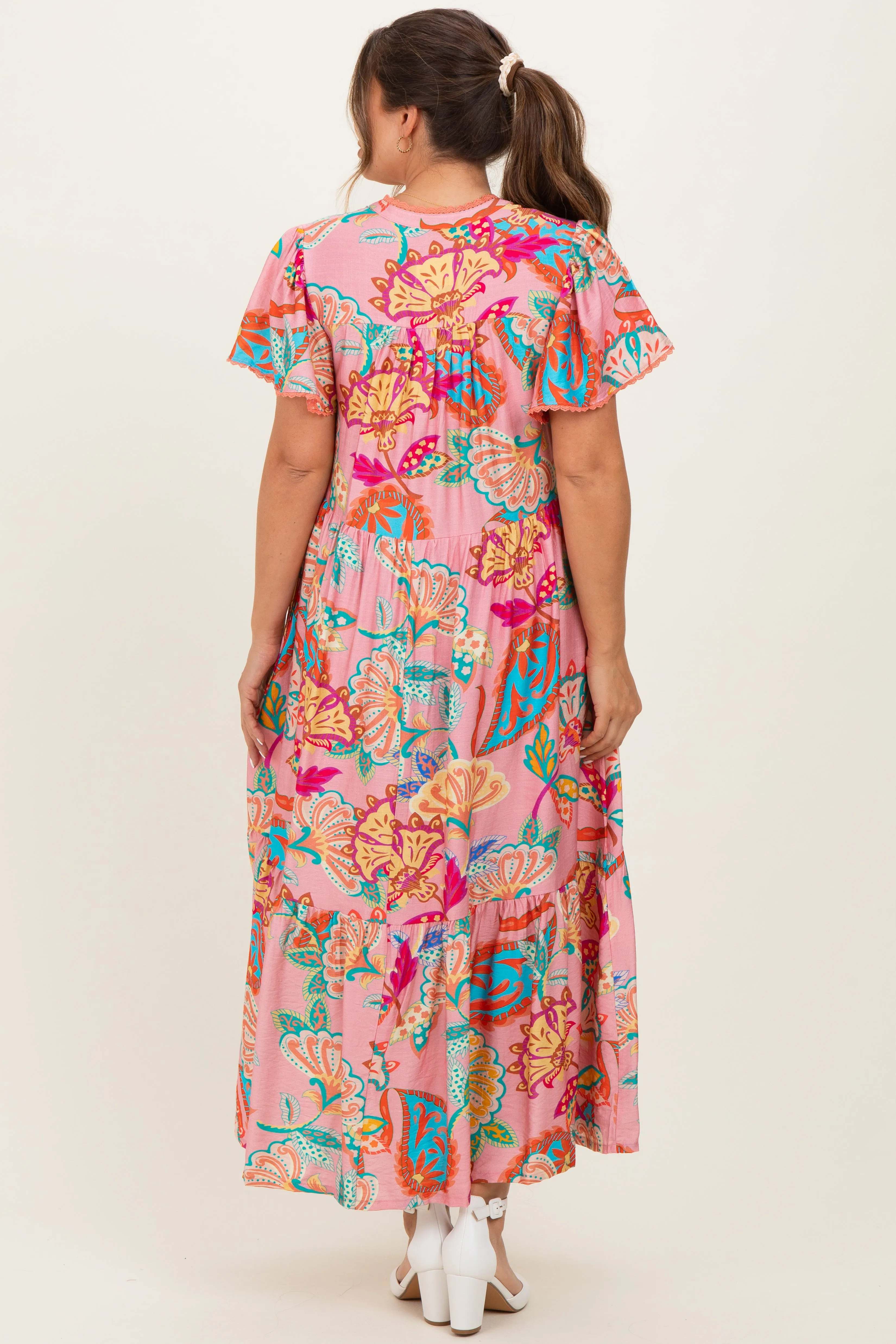 Pink Boho Print Lace Trim Tiered Maternity Midi Dress sold by Pinkblush product image thumbnail 4