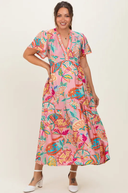 Pink Boho Print Lace Trim Tiered Maternity Midi Dress sold by Pinkblush