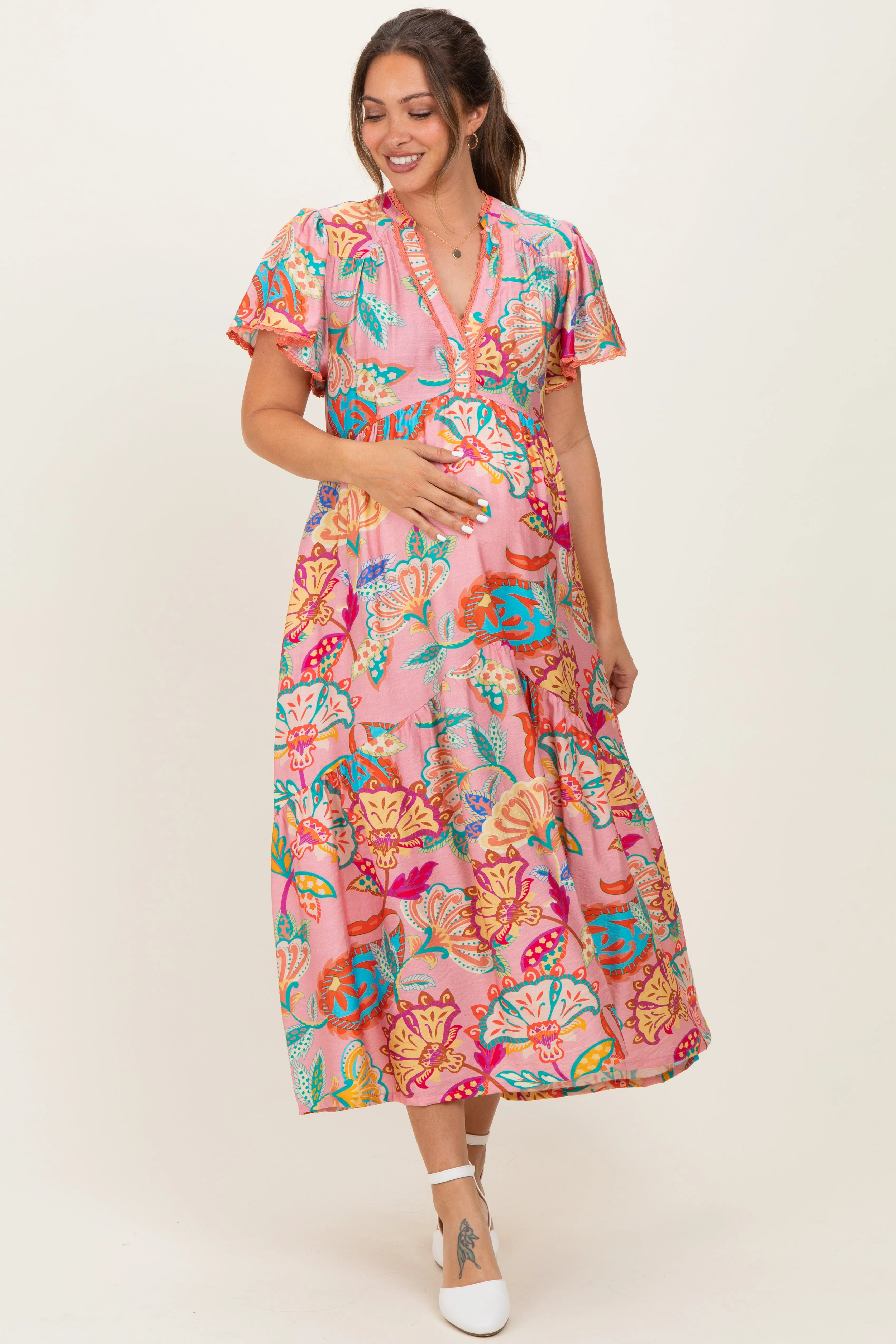 Pink Boho Print Lace Trim Tiered Maternity Midi Dress sold by Pinkblush product image thumbnail 2