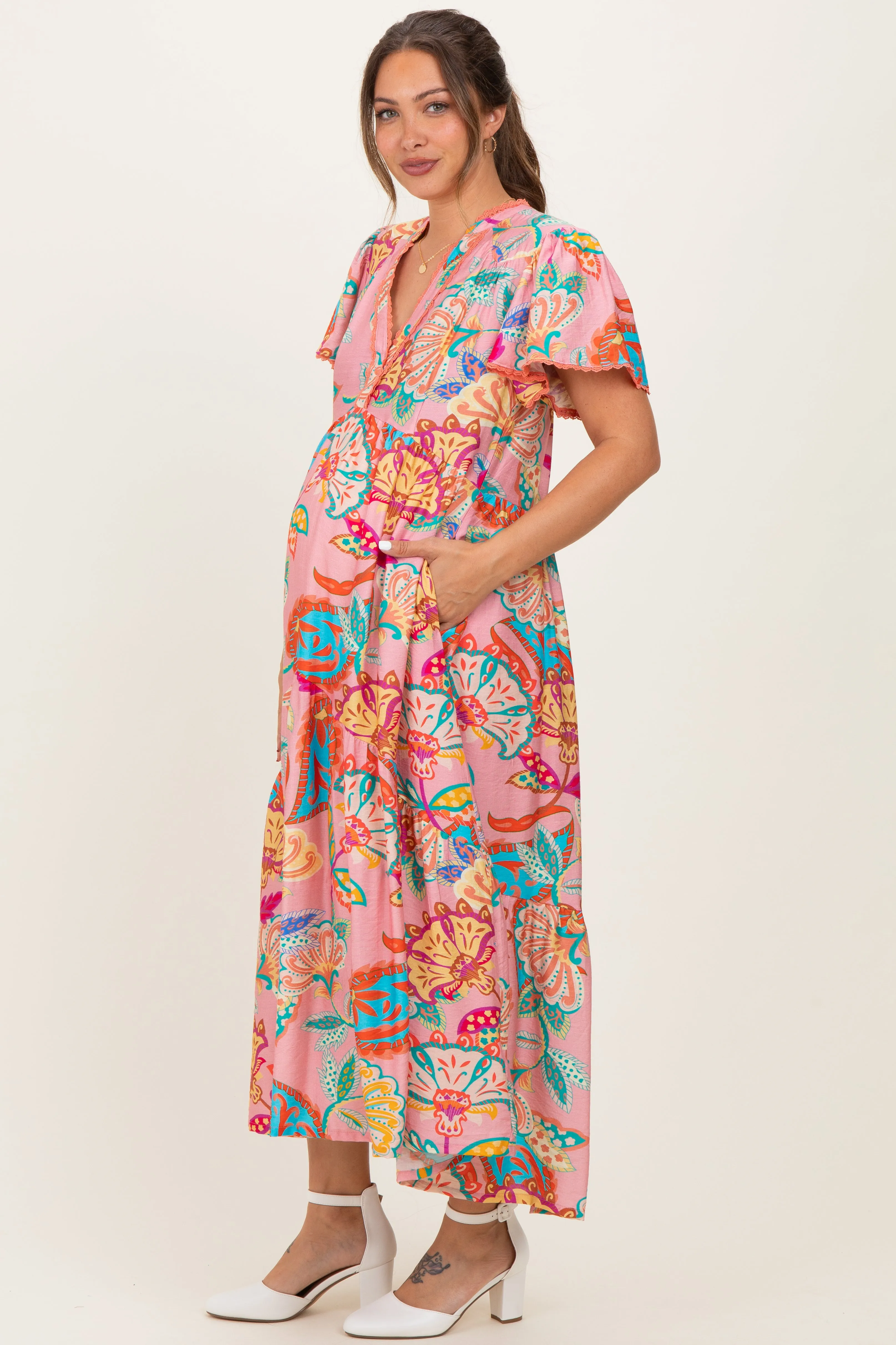 Pink Boho Print Lace Trim Tiered Maternity Midi Dress sold by Pinkblush product image thumbnail 3