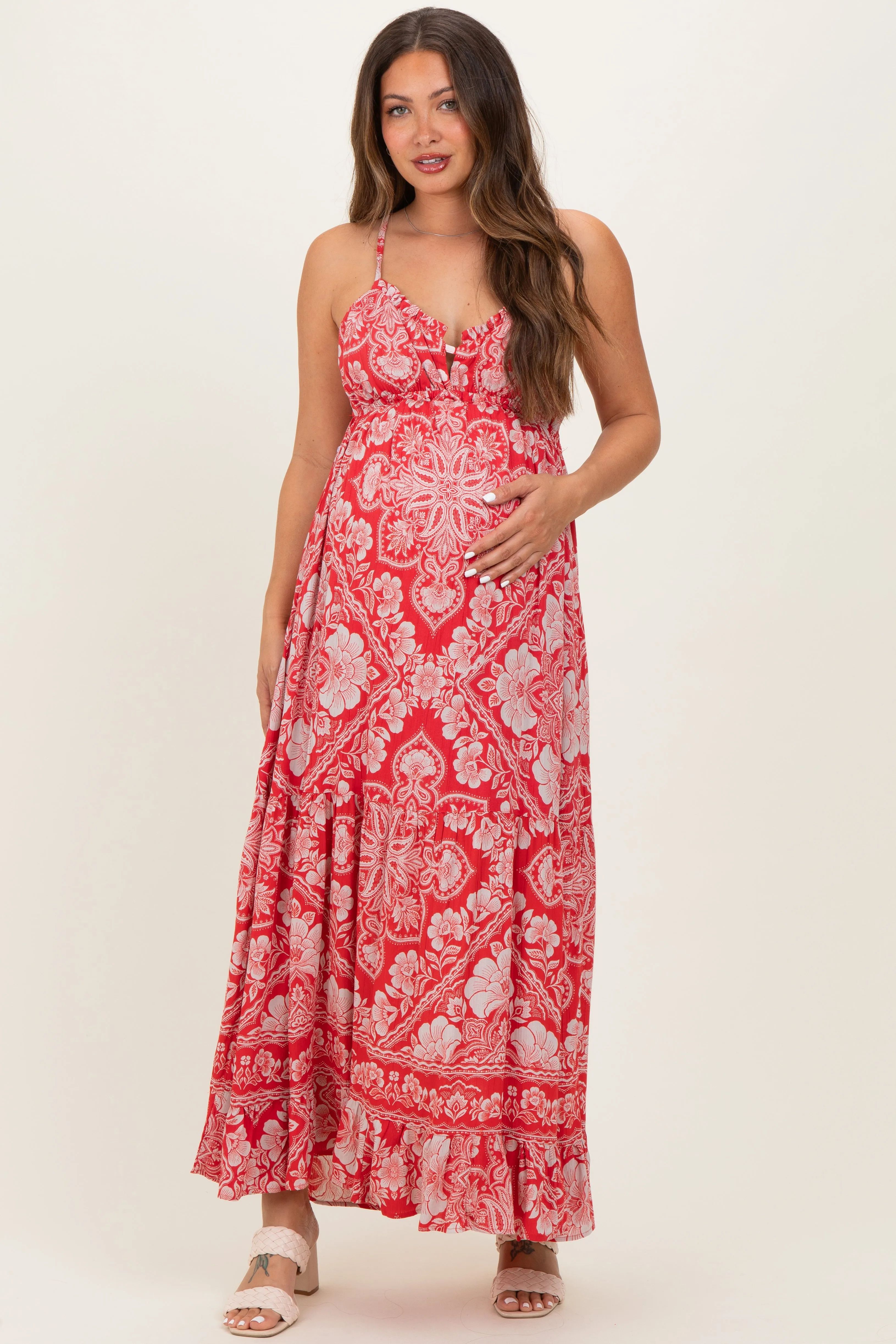 Cranberry Floral Cutout Racer Back Maternity Maxi Dress sold by Pinkblush product image thumbnail 2