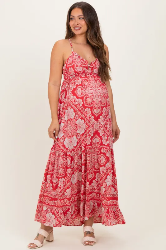 Cranberry Floral Cutout Racer Back Maternity Maxi Dress made by Angie