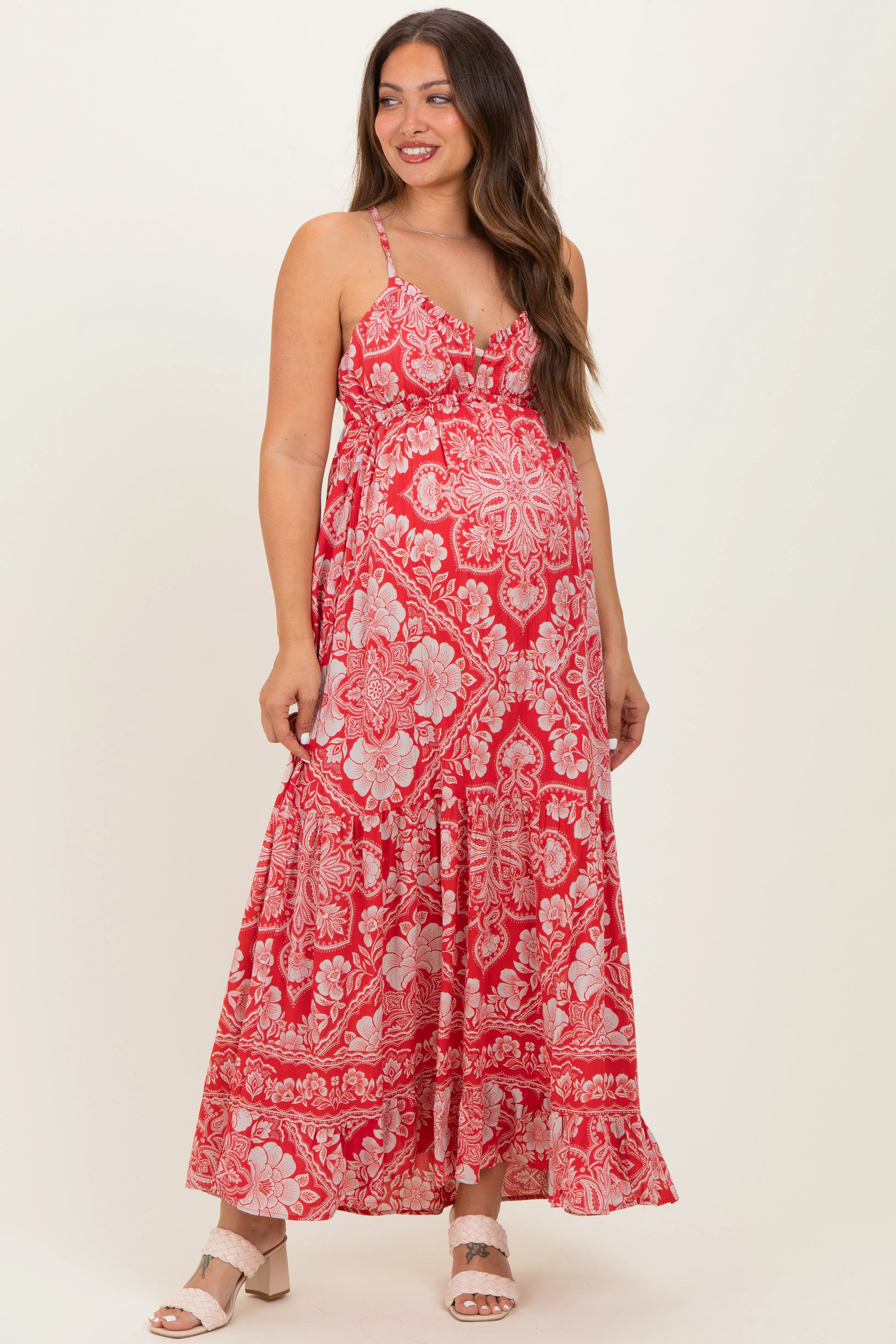 Cranberry Floral Cutout Racer Back Maternity Maxi Dress sold by Pinkblush