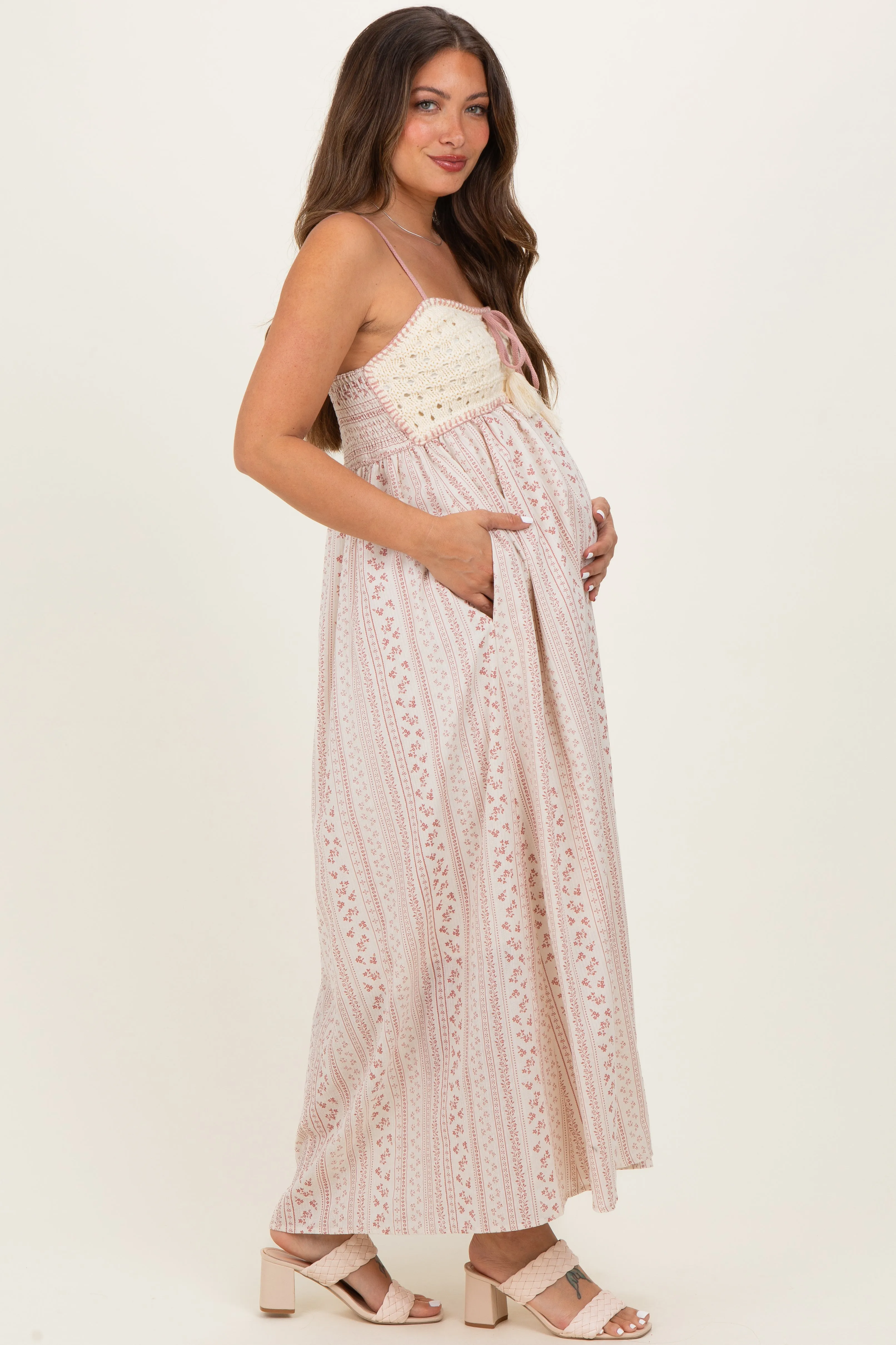 Dusty Pink Bohemian Dream Crochet Cotton Maternity Maxi Dress sold by Pinkblush product image thumbnail 2