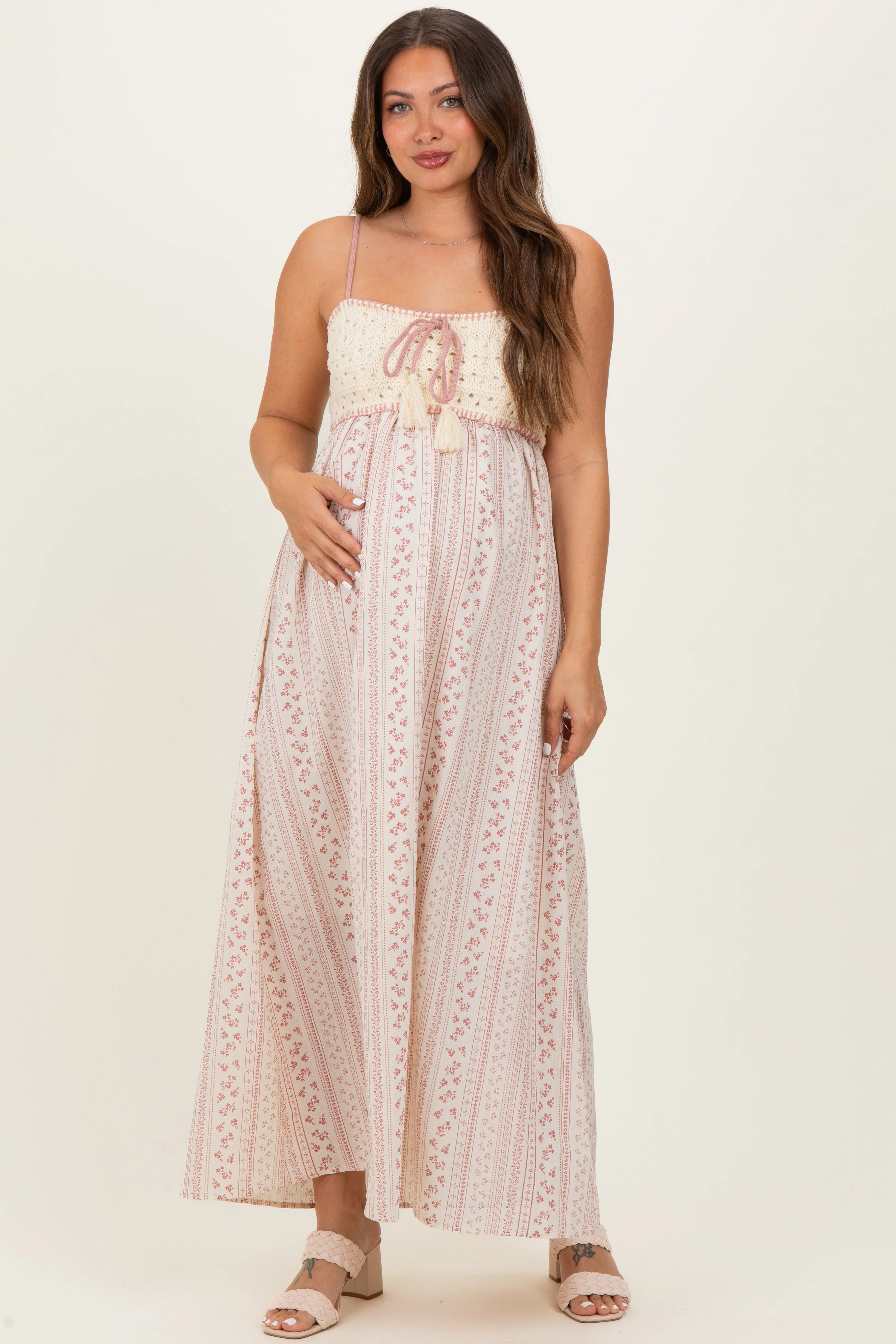 Dusty Pink Bohemian Dream Crochet Cotton Maternity Maxi Dress sold by Pinkblush