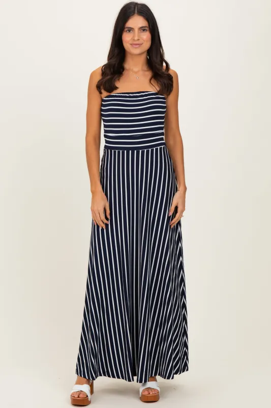Navy Striped Strapless Maxi Dress sold by Pinkblush