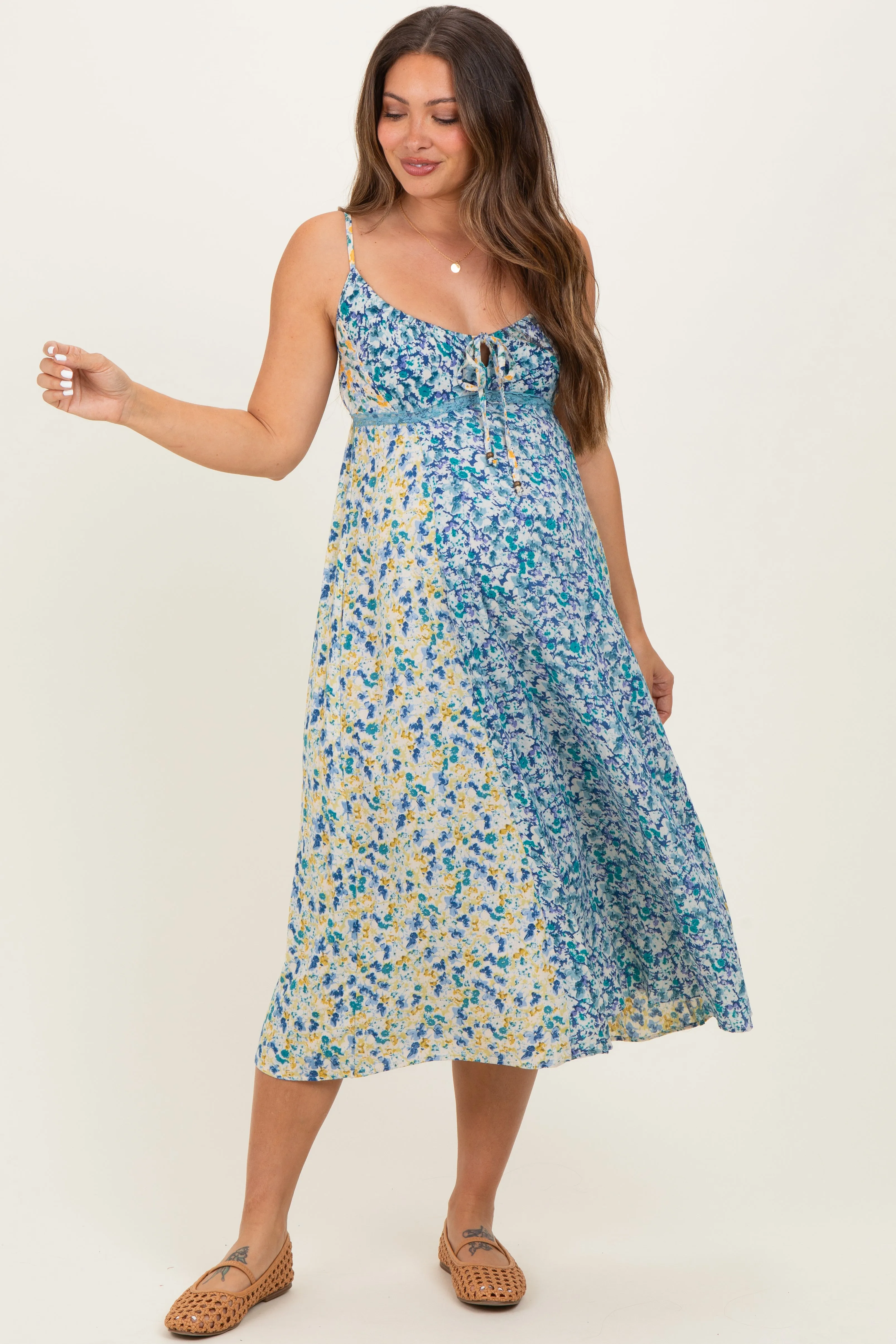 Blue Colorblock Floral Tie Front Maternity Midi Dress sold by Pinkblush product image thumbnail 2