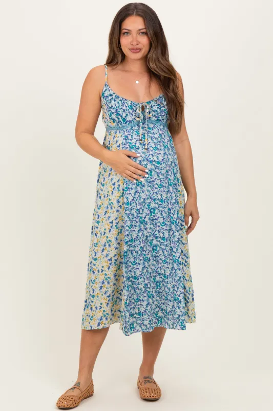 Blue Colorblock Floral Tie Front Maternity Midi Dress sold by Pinkblush