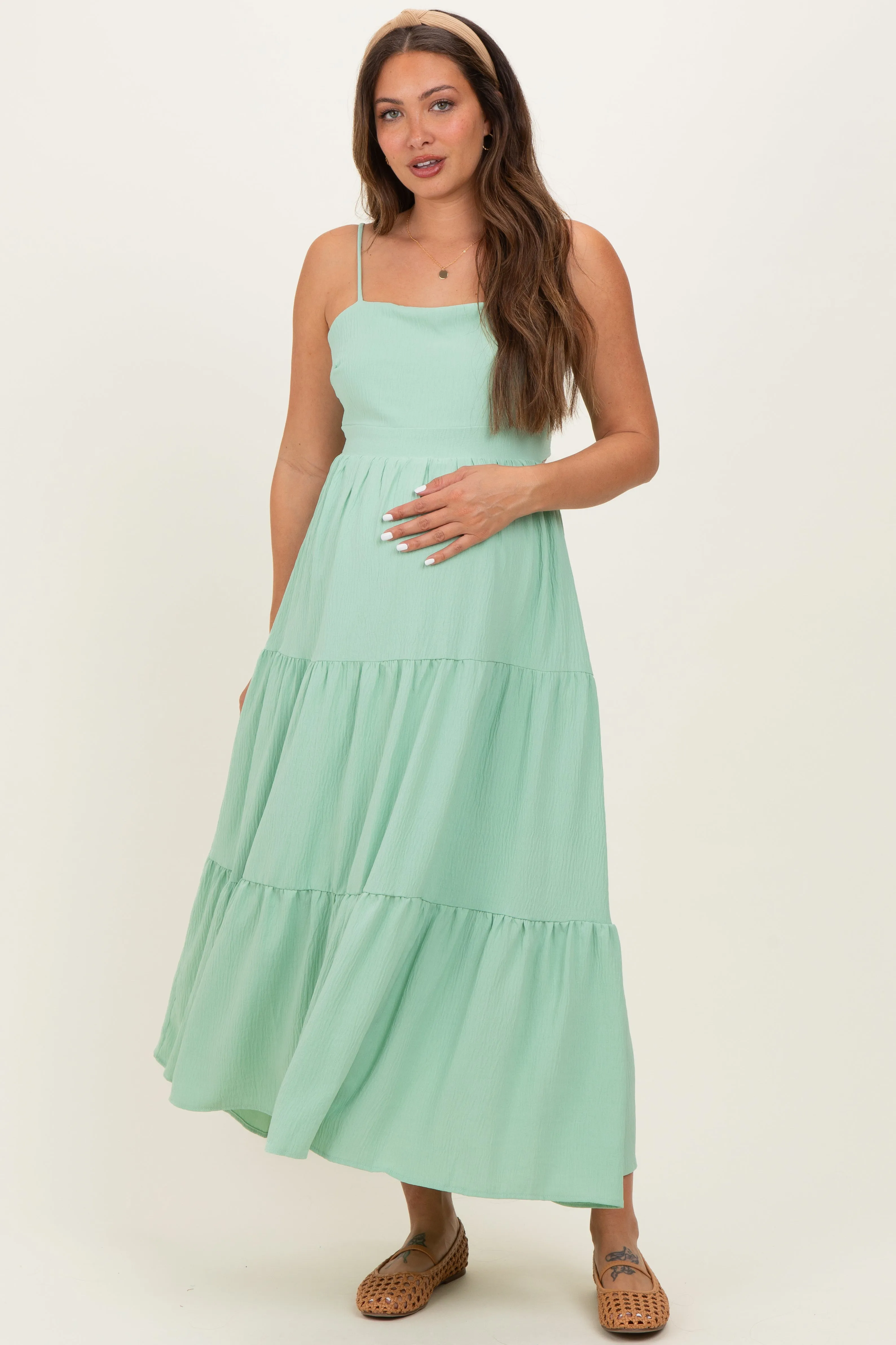 Sage Green Tiered Cutout Tie Back Maternity Midi Dress sold by Pinkblush product image thumbnail 2
