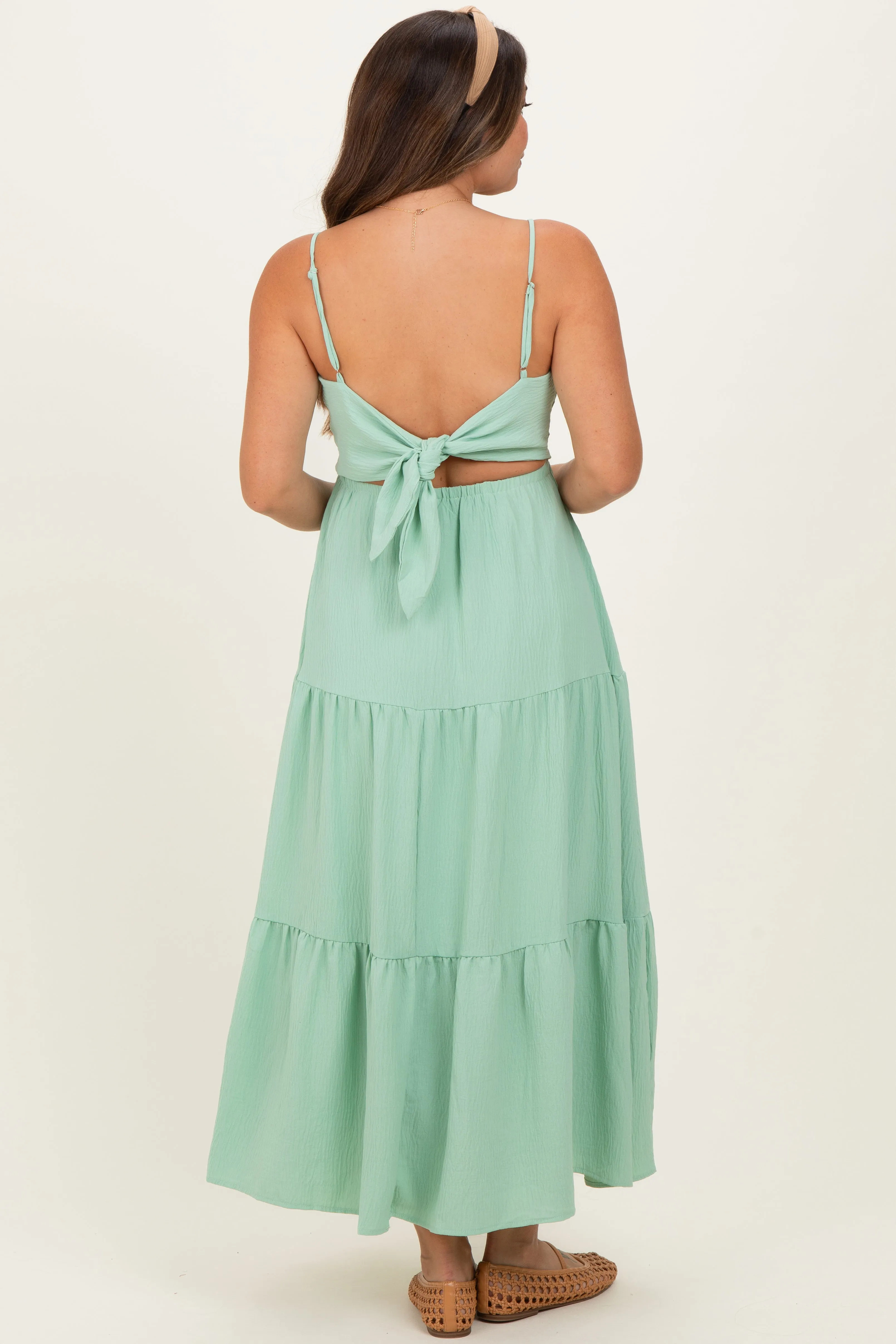 Sage Green Tiered Cutout Tie Back Maternity Midi Dress sold by Pinkblush product image thumbnail 4