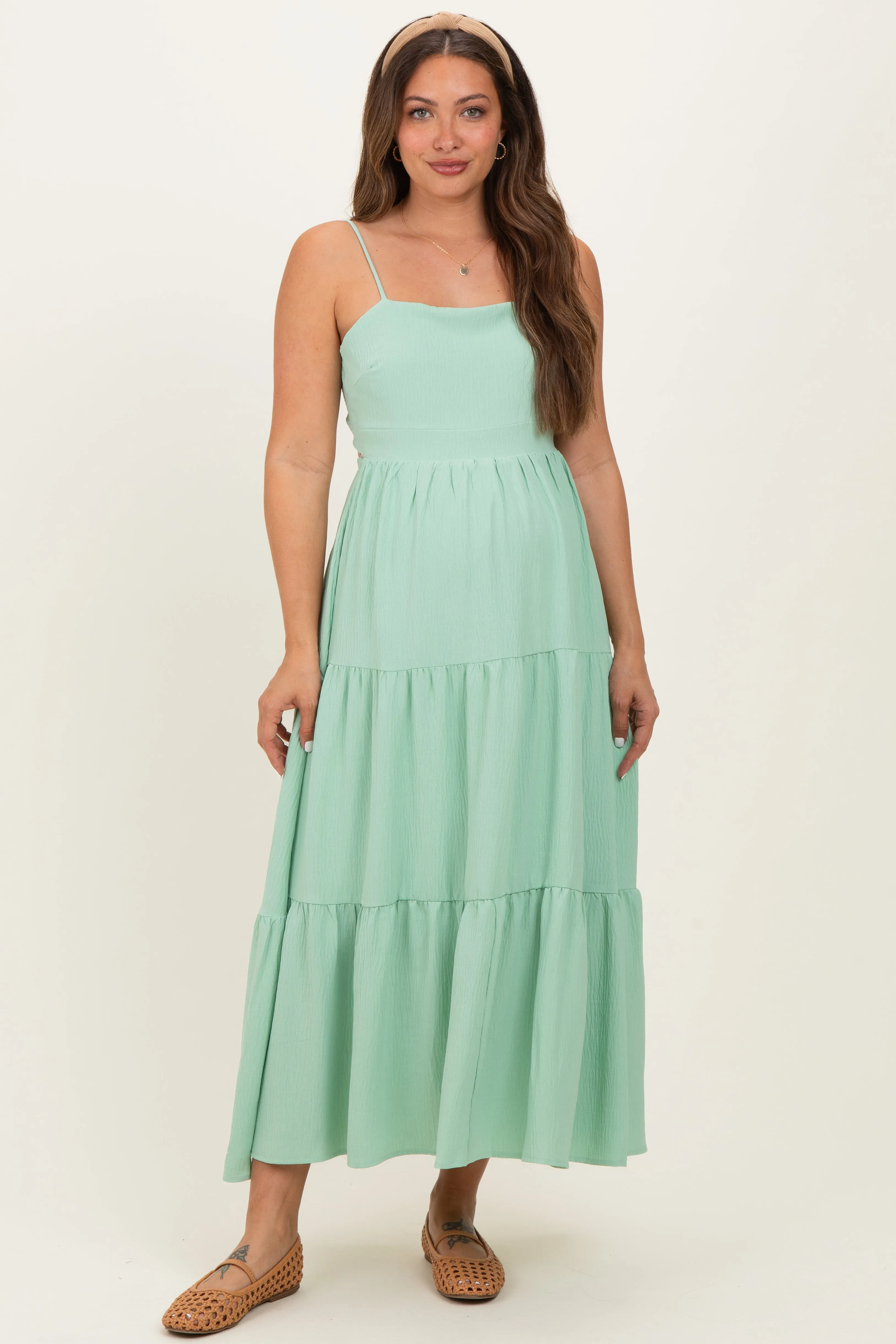 Sage Green Tiered Cutout Tie Back Maternity Midi Dress sold by Pinkblush