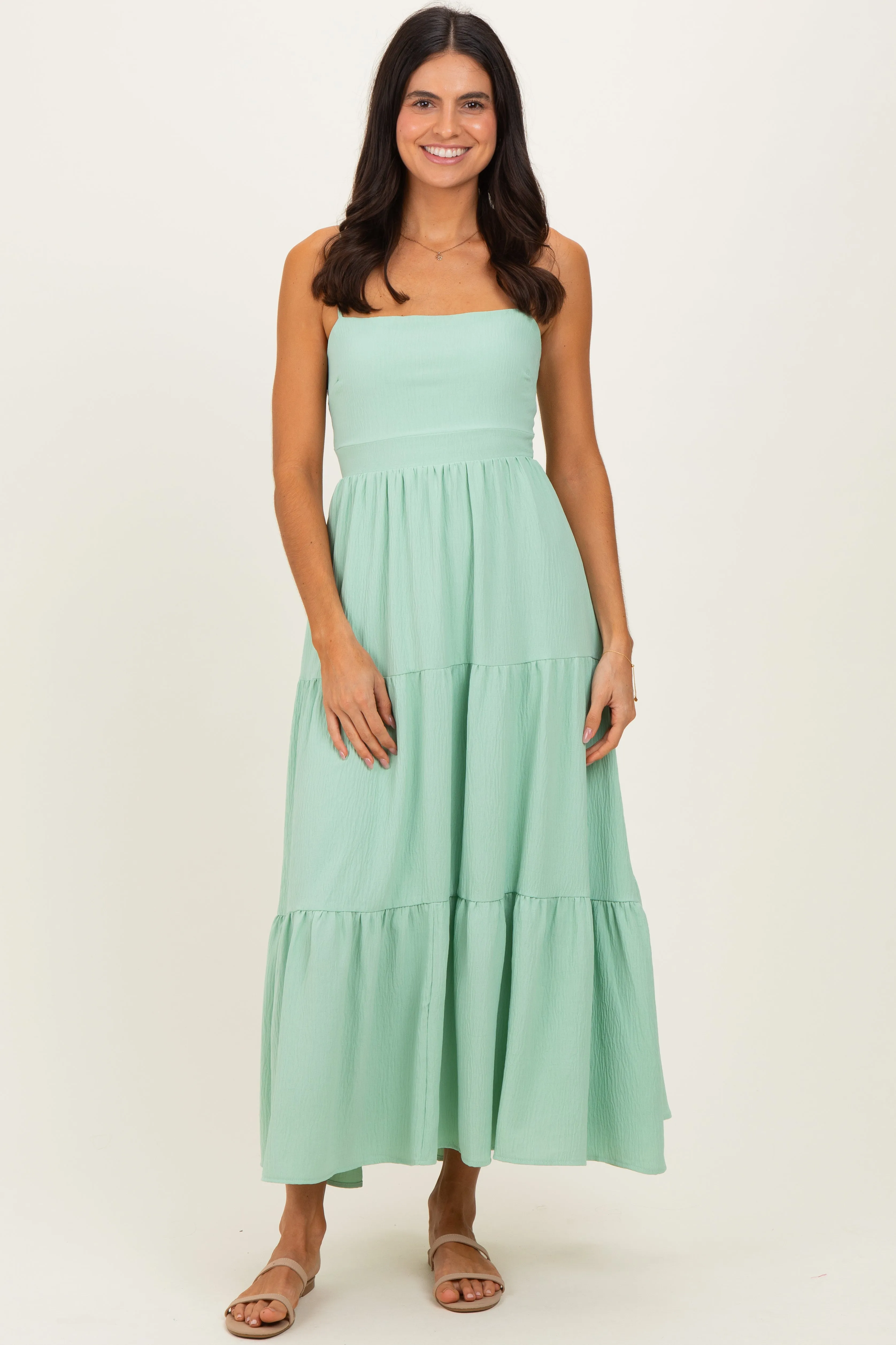 Sage Green Tiered Cutout Tie Back Midi Dress sold by Pinkblush