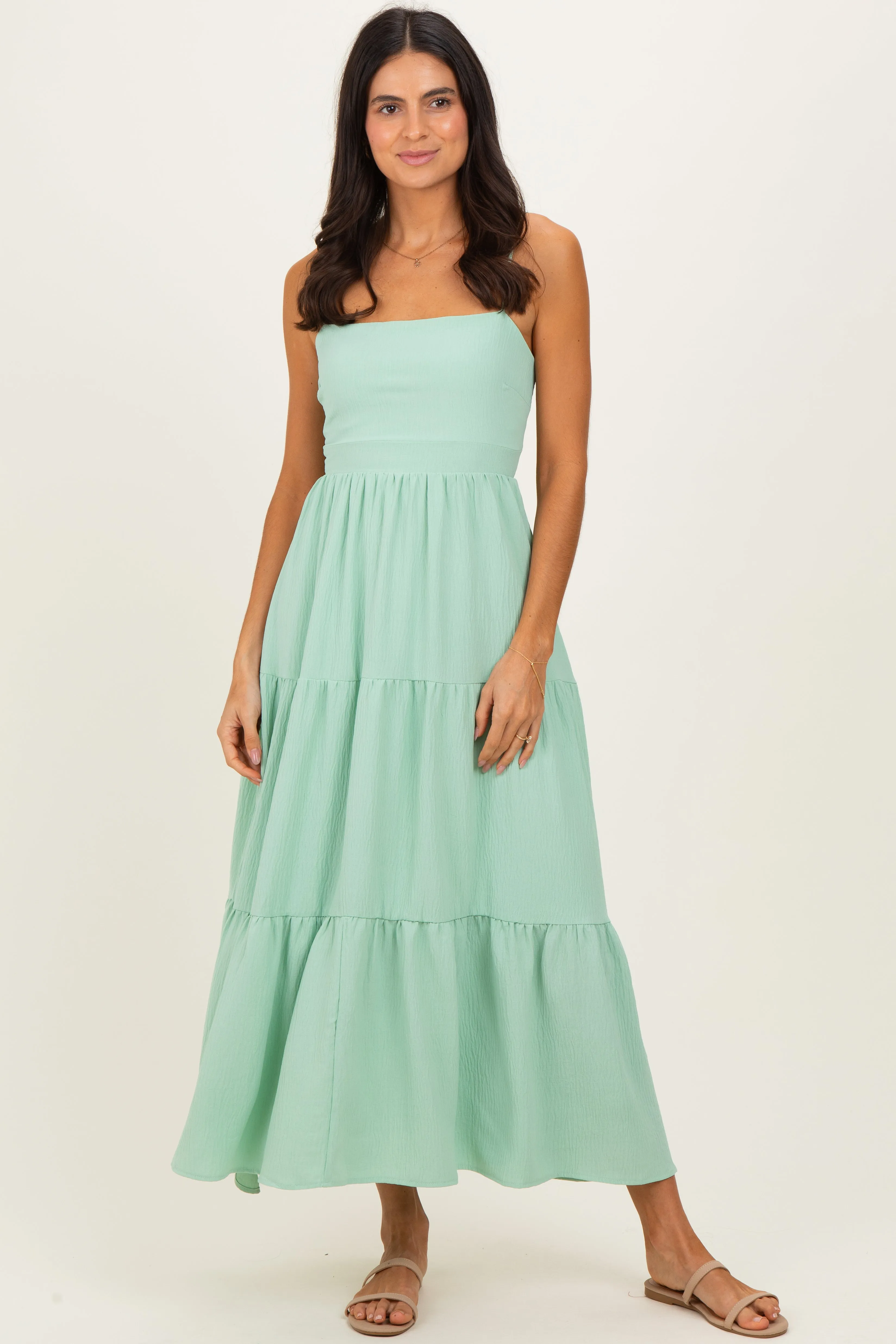 Sage Green Tiered Cutout Tie Back Midi Dress sold by Pinkblush product image thumbnail 2