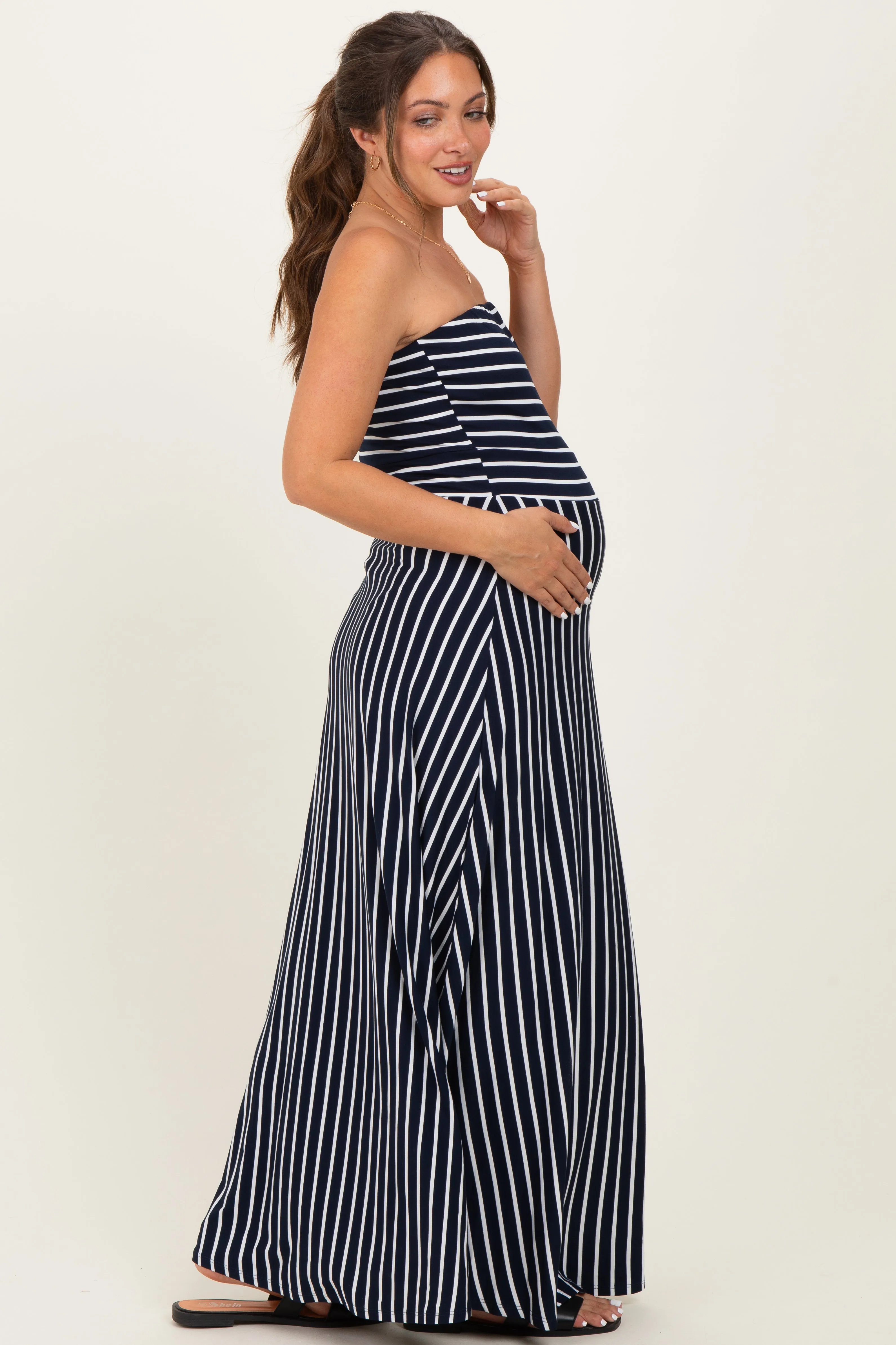 Navy Striped Strapless Maternity Maxi Dress sold by Pinkblush product image thumbnail 3