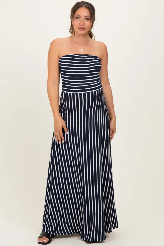 Navy Striped Strapless Maternity Maxi Dress sold by Pinkblush