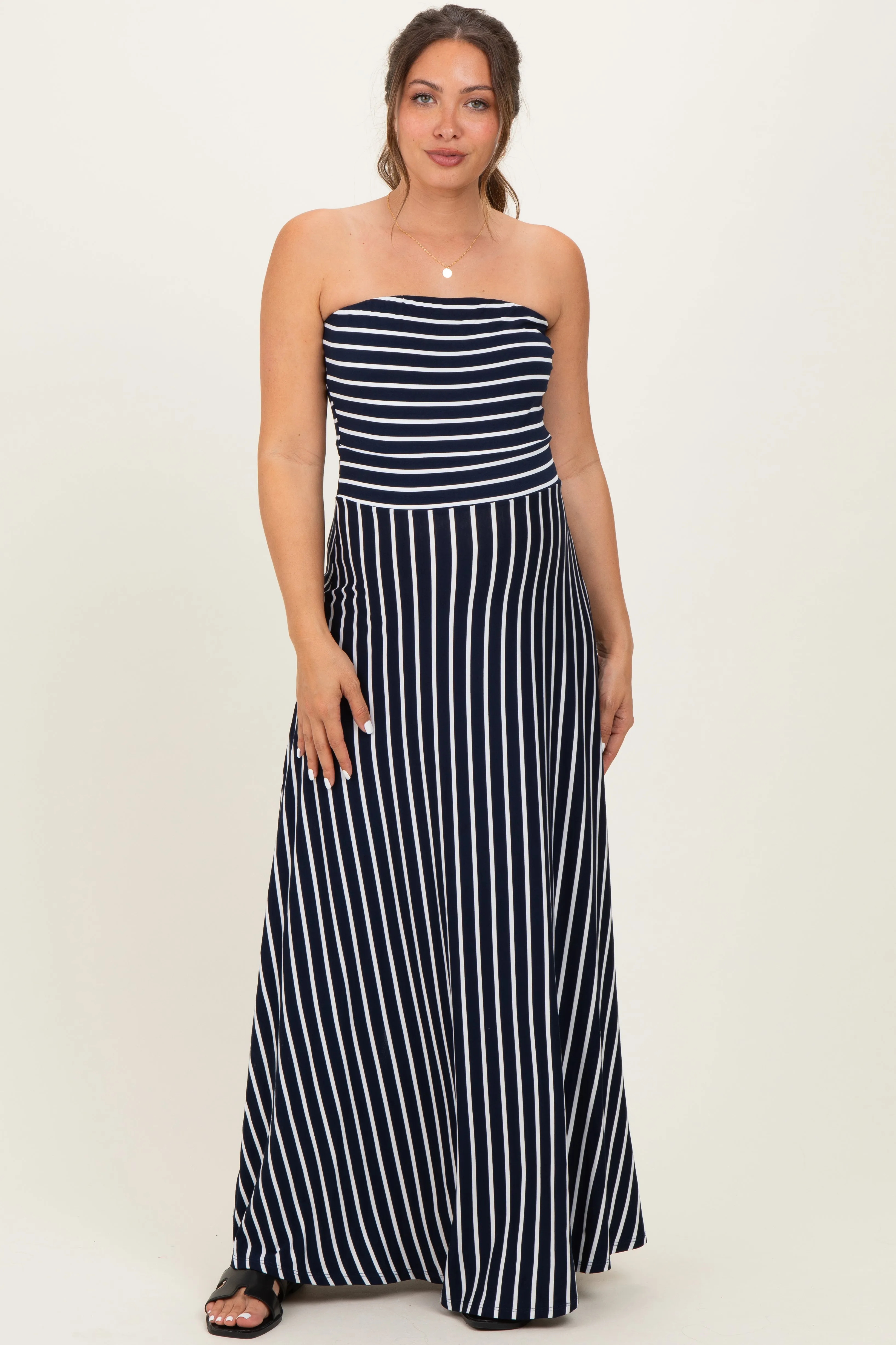 Navy Striped Strapless Maternity Maxi Dress sold by Pinkblush