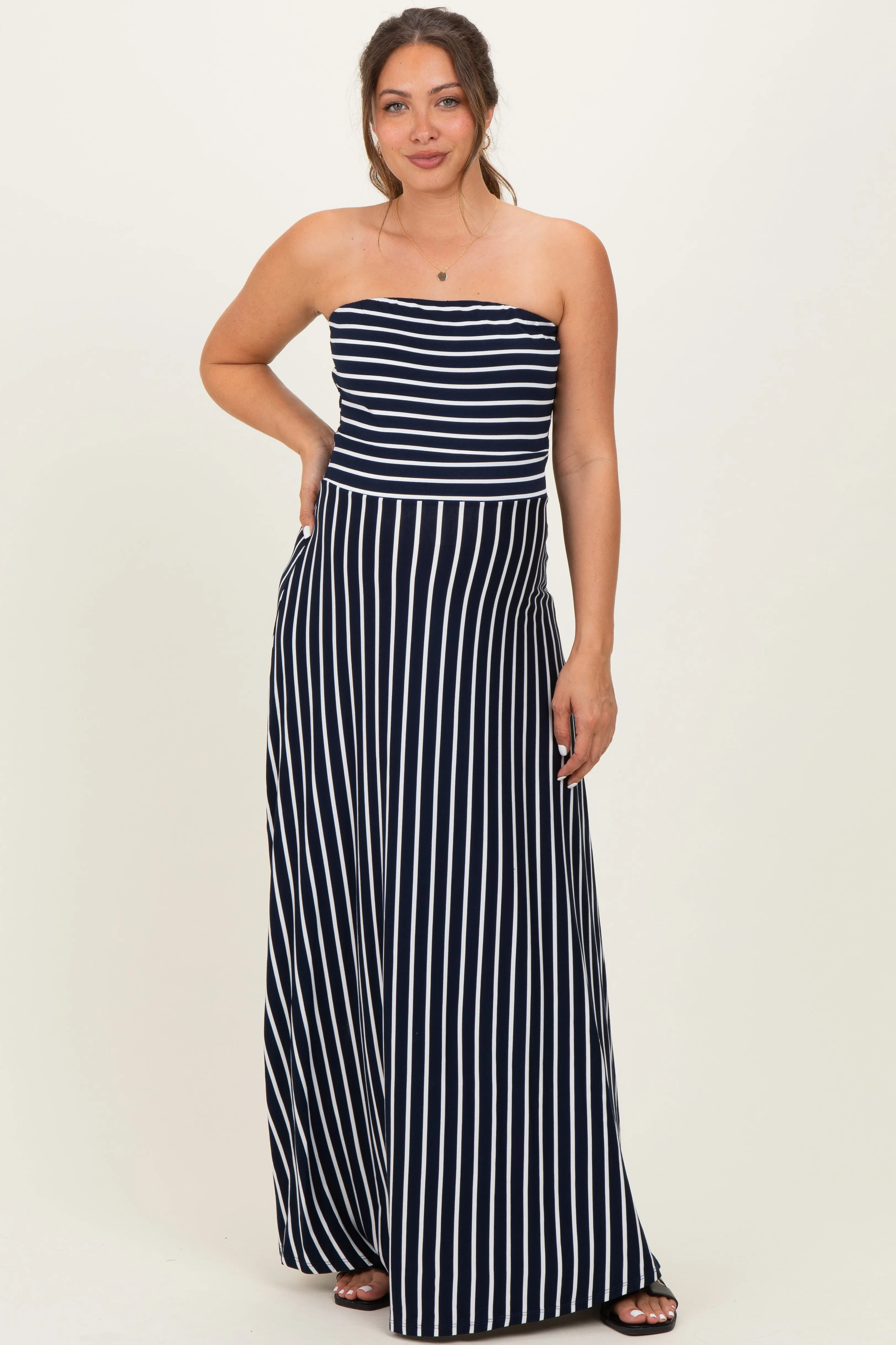Navy Striped Strapless Maternity Maxi Dress sold by Pinkblush product image thumbnail 2