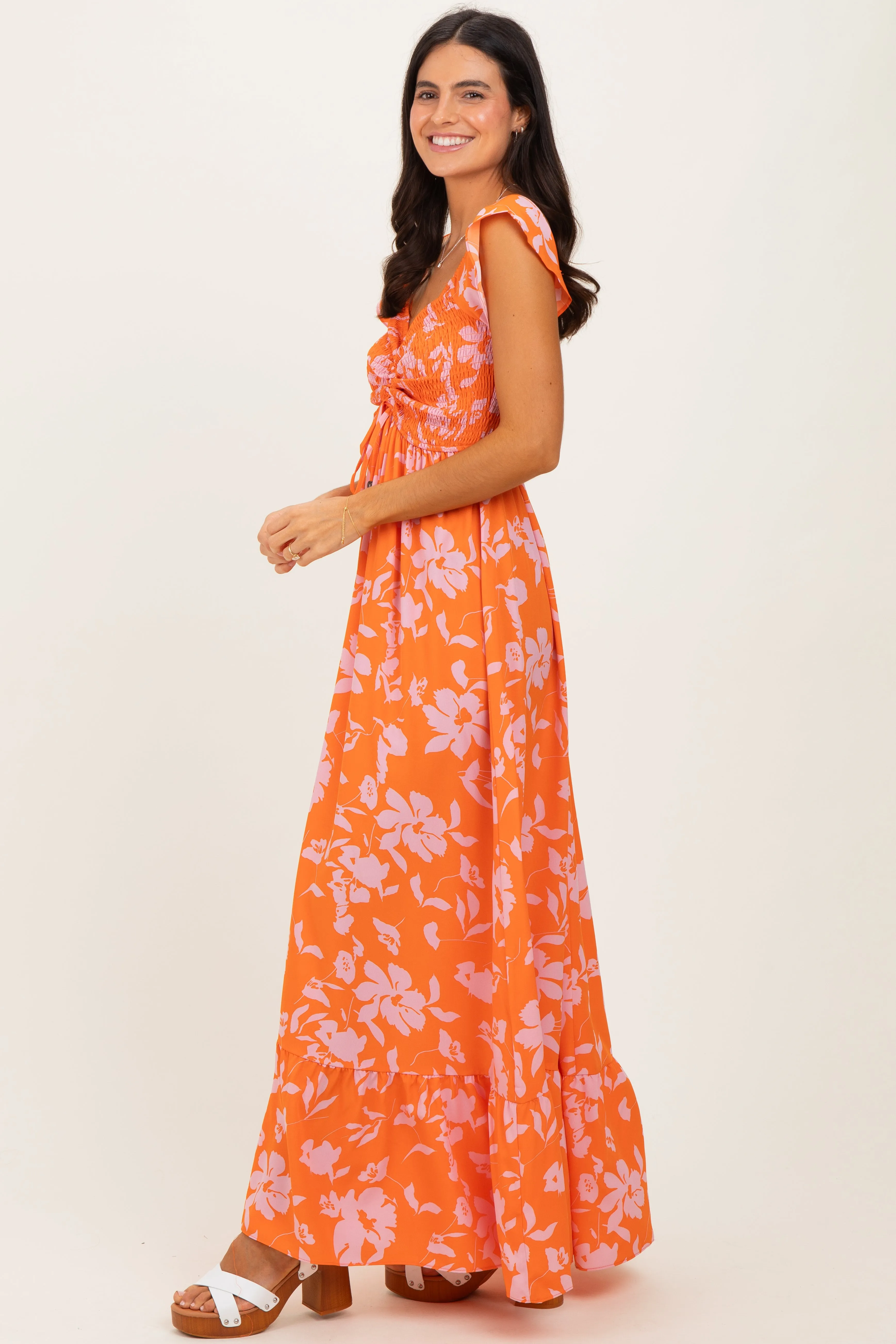 Orange Floral Smocked Cinched Top Maxi Dress sold by Pinkblush product image thumbnail 3