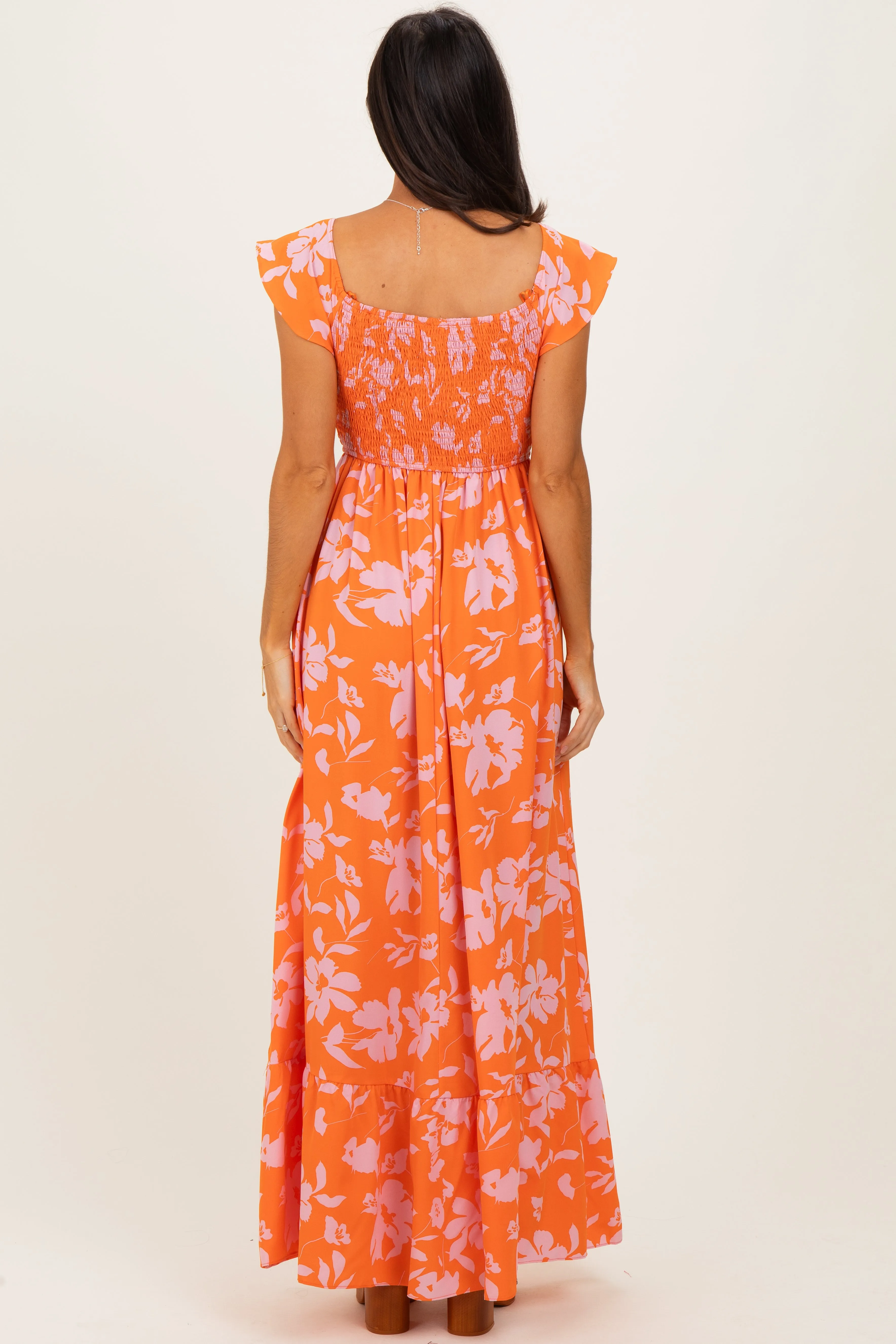 Orange Floral Smocked Cinched Top Maxi Dress sold by Pinkblush product image thumbnail 4
