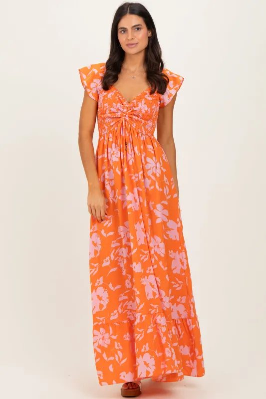 Orange Floral Smocked Cinched Top Maxi Dress sold by Pinkblush