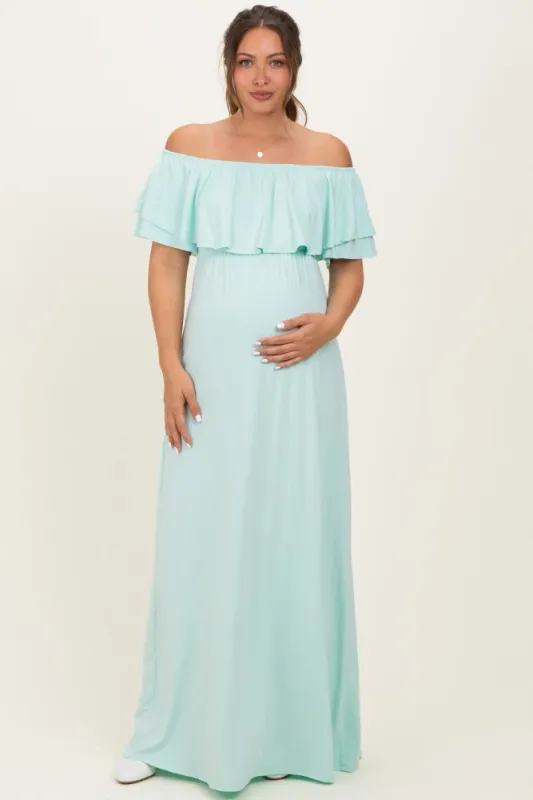 Mint Ruffle Off Shoulder Maternity Maxi Dress sold by Pinkblush