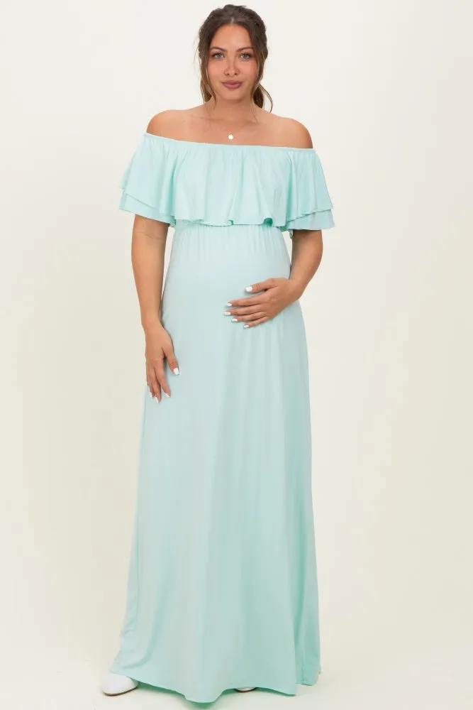 Mint Ruffle Off Shoulder Maternity Maxi Dress sold by Pinkblush