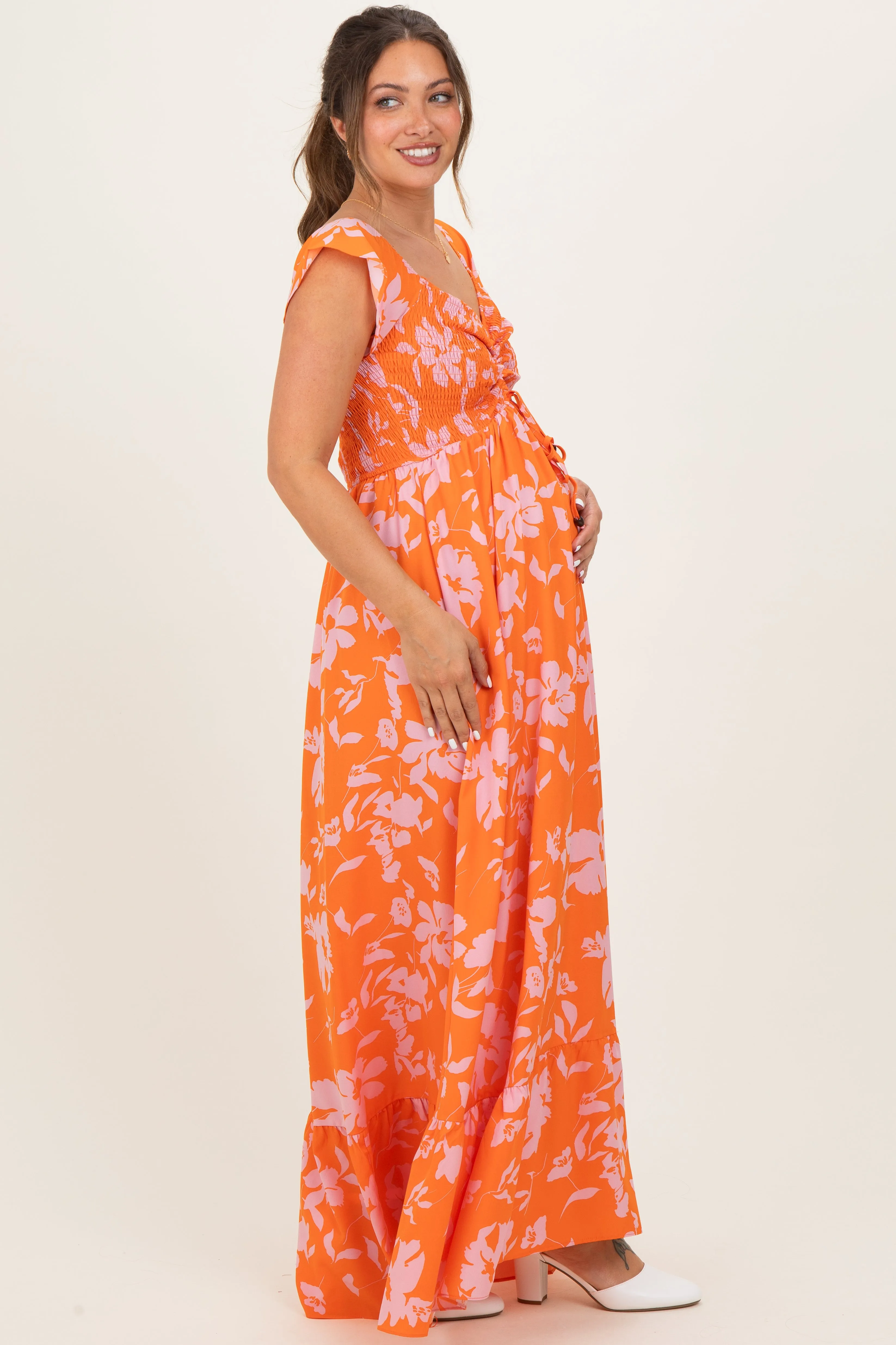 Orange Floral Smocked Cinched Top Maternity Maxi Dress sold by Pinkblush product image thumbnail 3