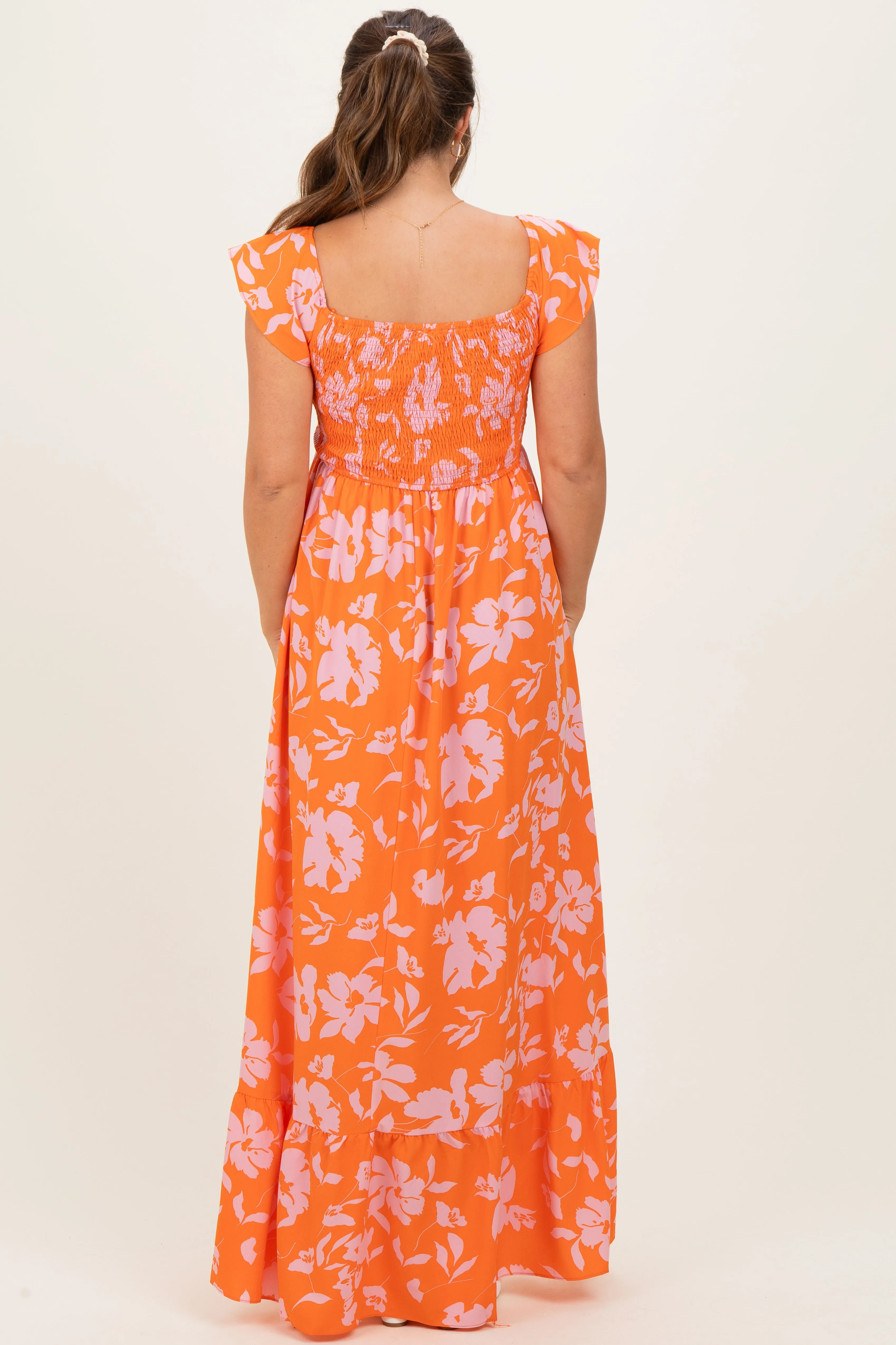 Orange Floral Smocked Cinched Top Maternity Maxi Dress sold by Pinkblush product image thumbnail 4