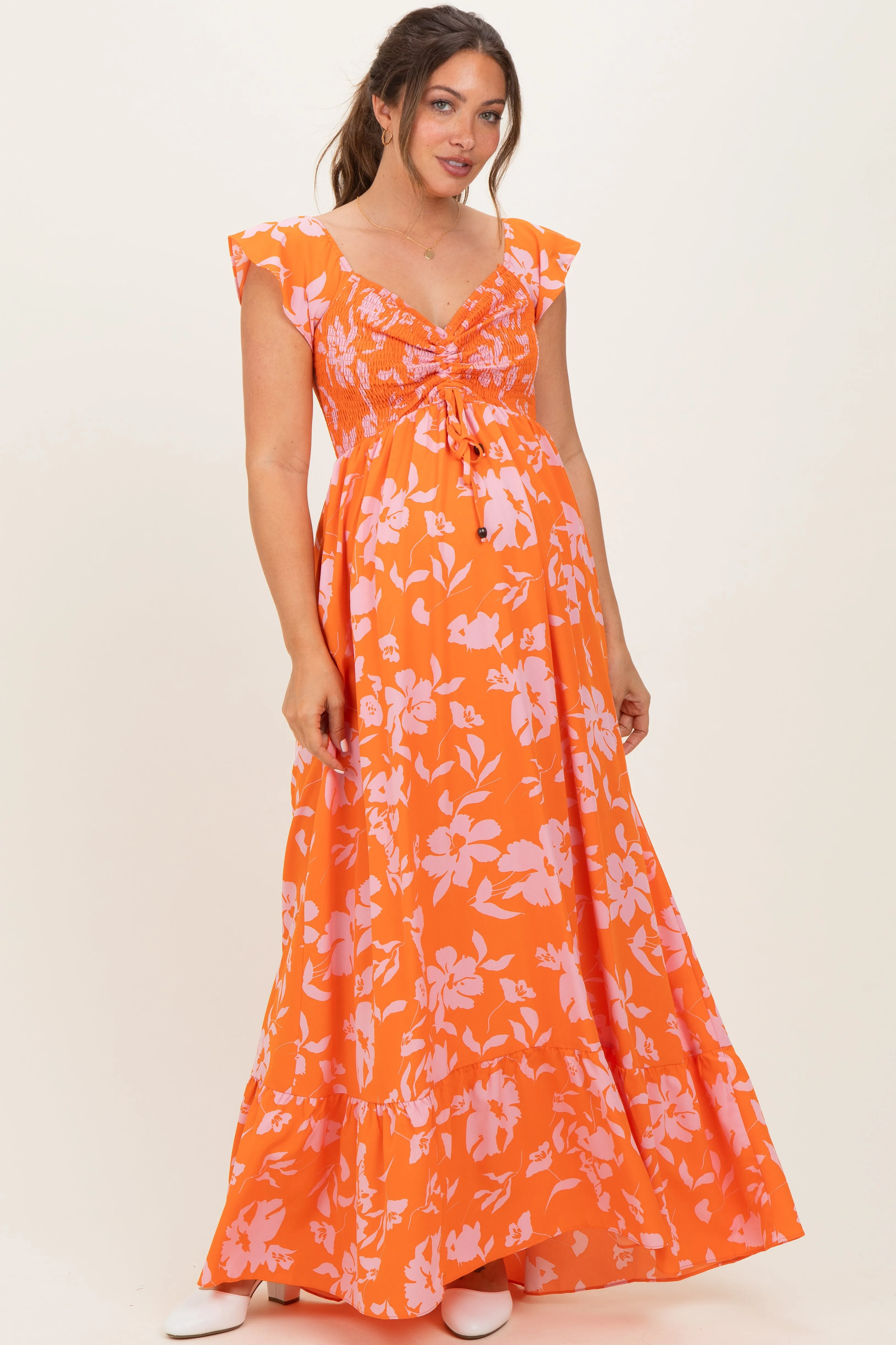 Orange Floral Smocked Cinched Top Maternity Maxi Dress sold by Pinkblush