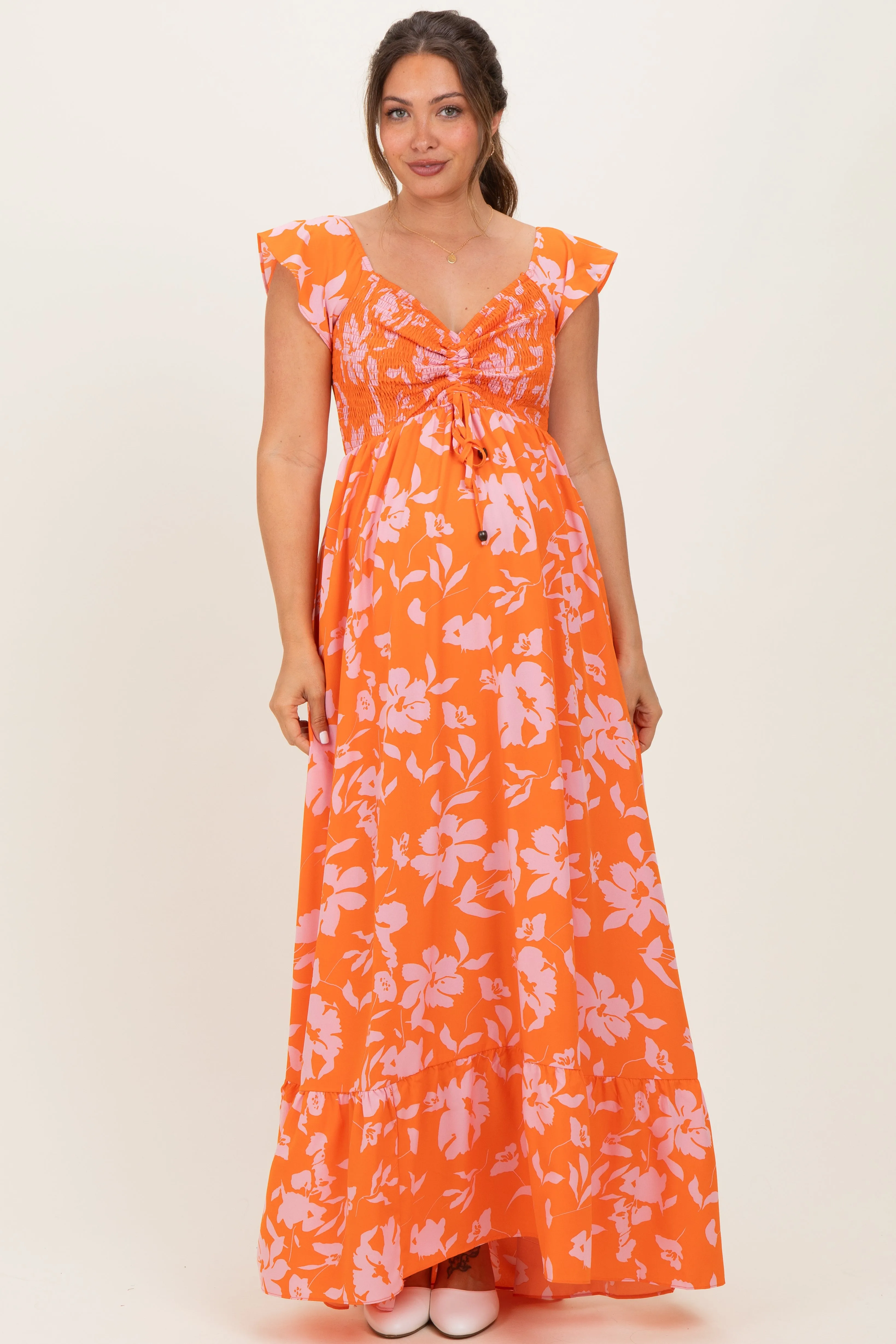 Orange Floral Smocked Cinched Top Maternity Maxi Dress sold by Pinkblush product image thumbnail 2