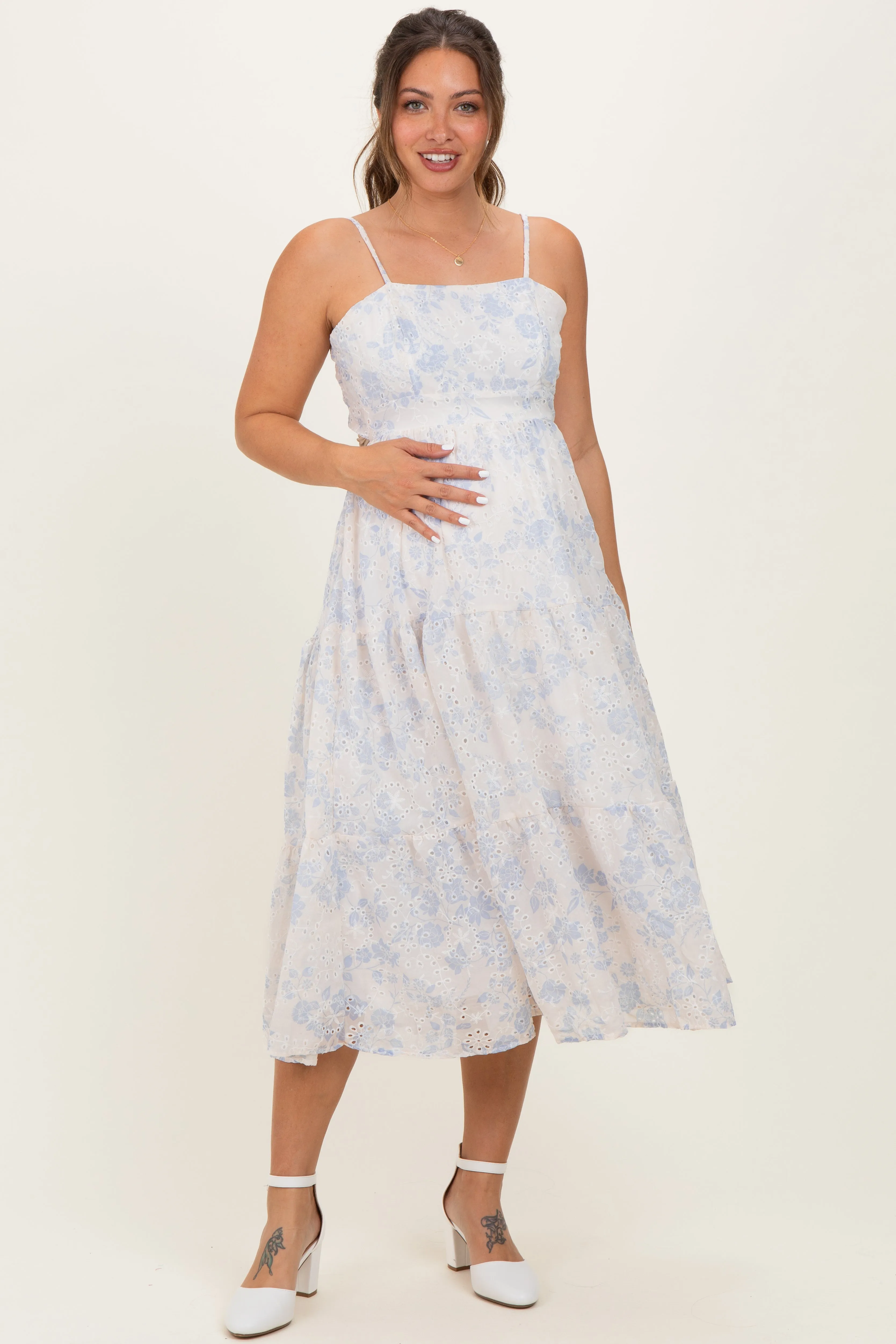 Cream Floral Eyelet Lace Tie Back Maternity Midi Dress sold by Pinkblush product image thumbnail 2