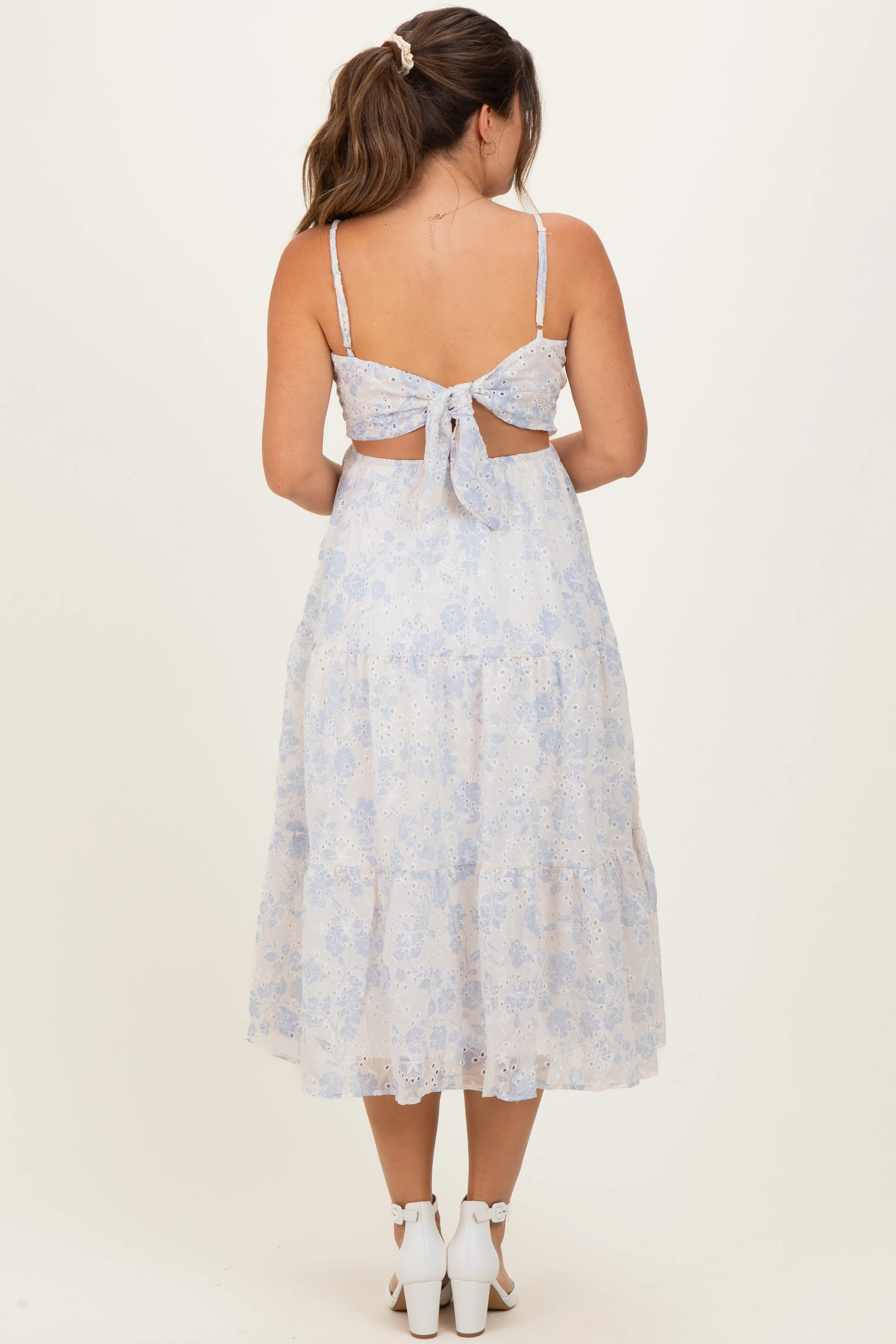 Cream Floral Eyelet Lace Tie Back Maternity Midi Dress sold by Pinkblush product image thumbnail 4