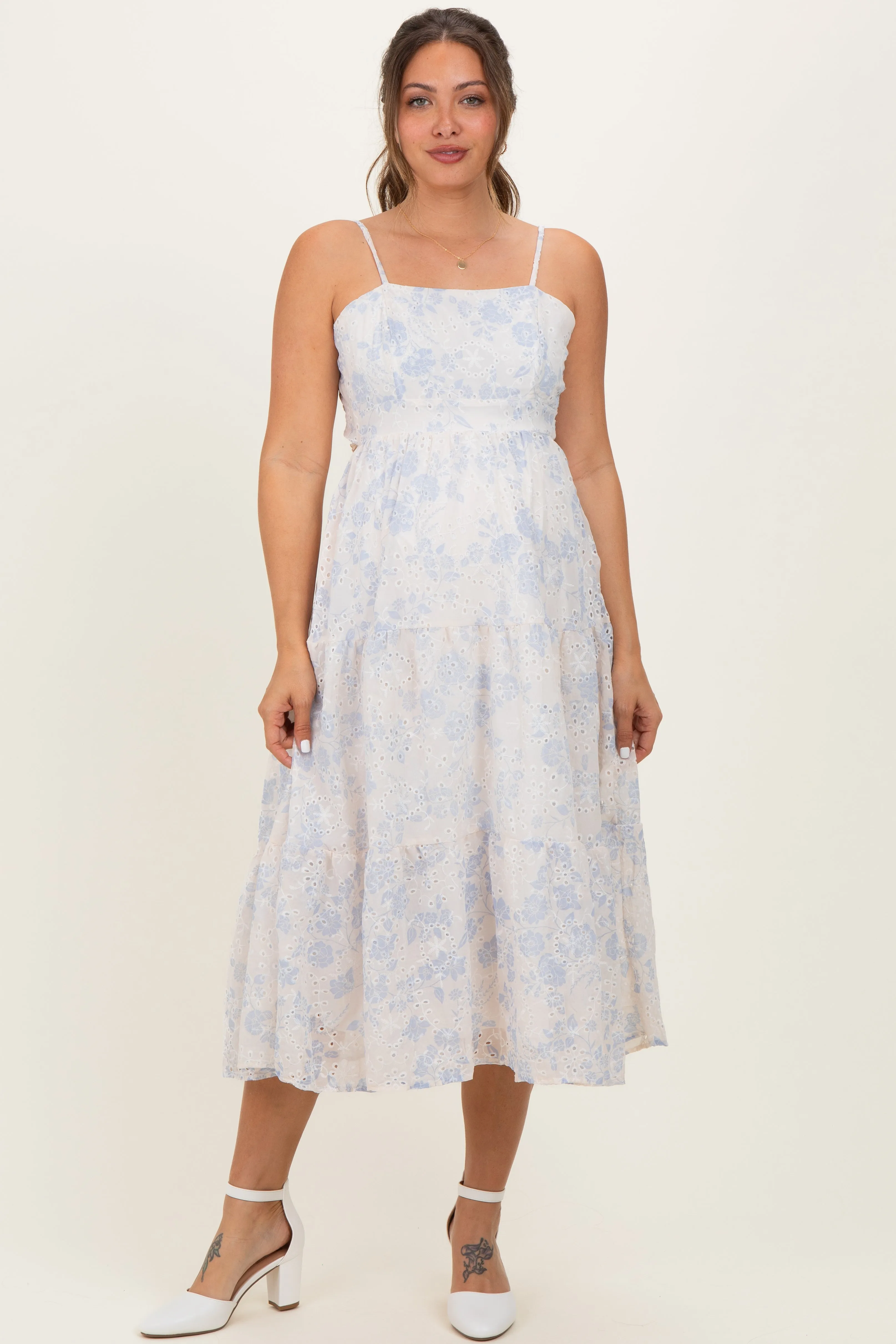 Cream Floral Eyelet Lace Tie Back Maternity Midi Dress sold by Pinkblush
