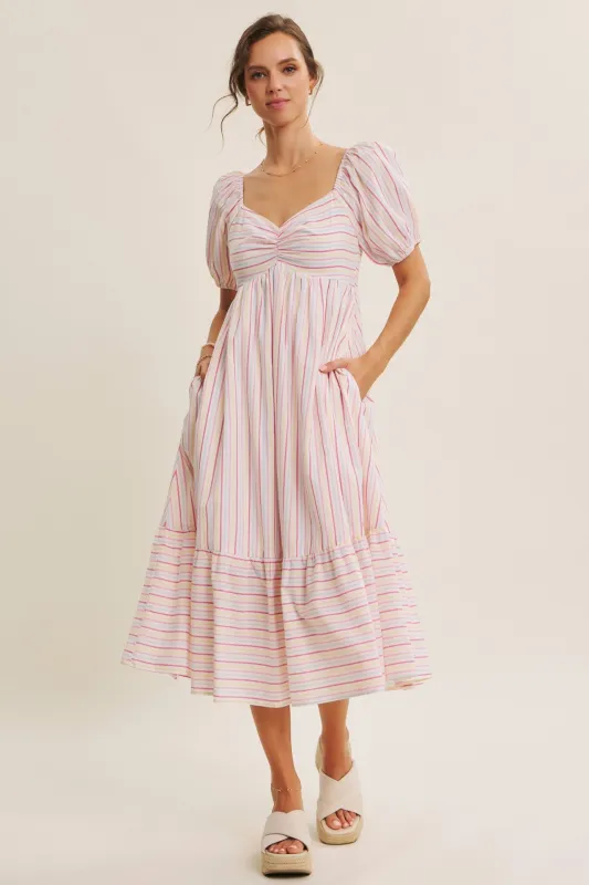 Fuchsia Stripe Sweetheart Neckline Midi Dress sold by Pinkblush