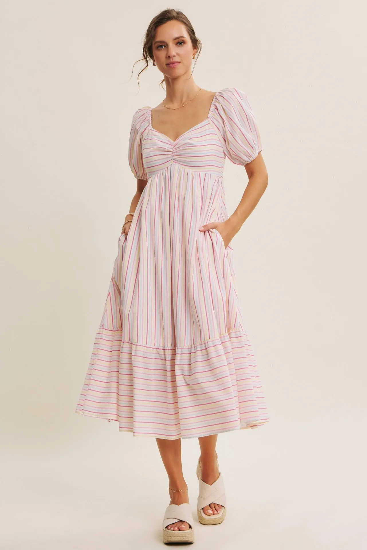 Fuchsia Stripe Sweetheart Neckline Midi Dress sold by Pinkblush