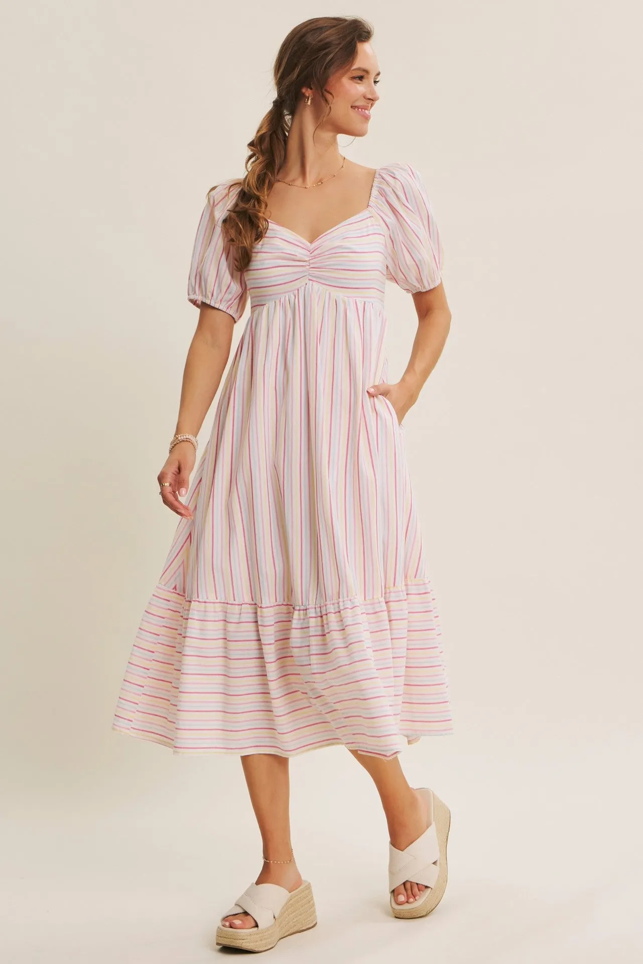 Fuchsia Stripe Sweetheart Neckline Midi Dress sold by Pinkblush product image thumbnail 2