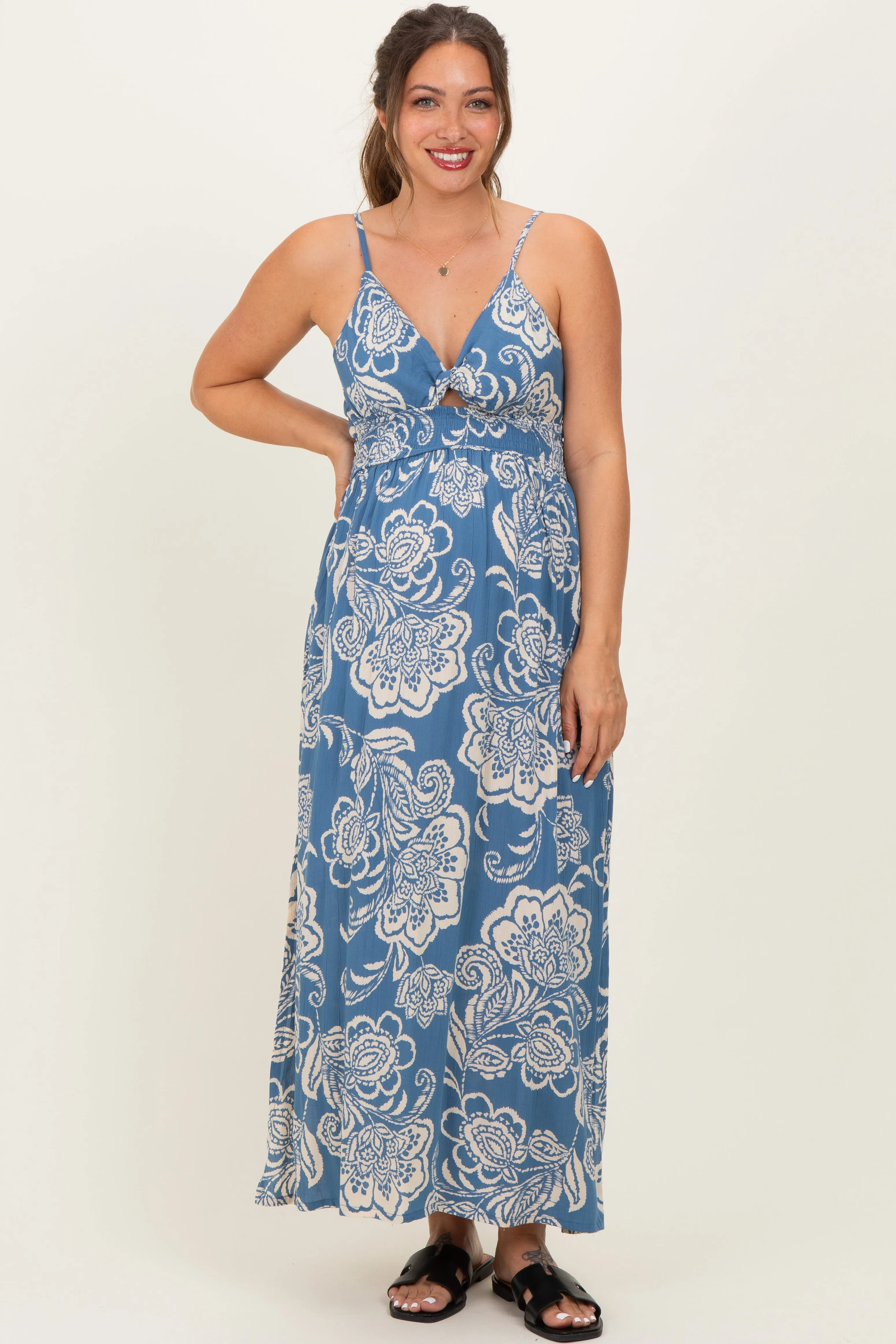 Blue Floral Twist Front Tie Back Maternity Maxi Dress sold by Pinkblush product image thumbnail 2