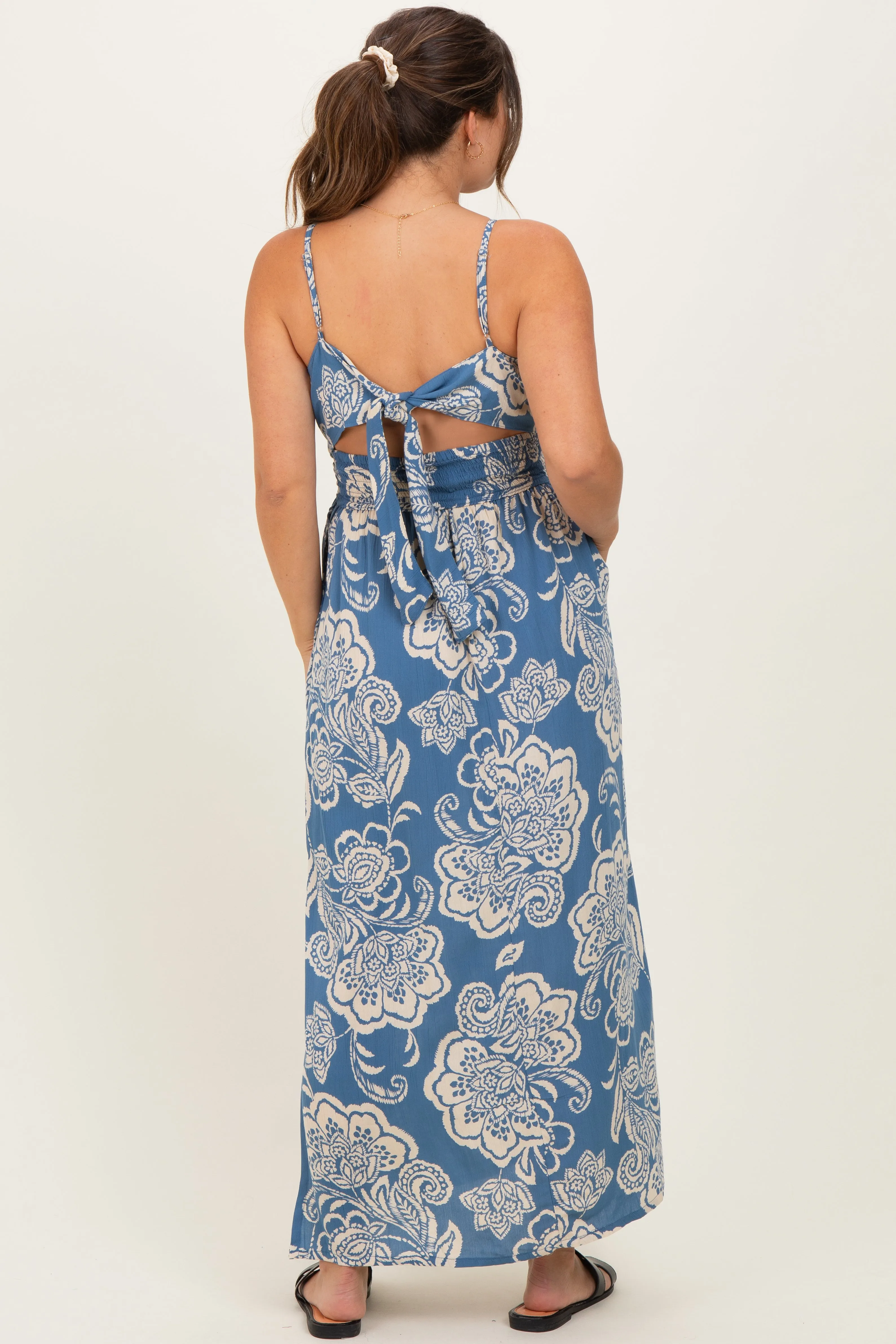 Blue Floral Twist Front Tie Back Maternity Maxi Dress sold by Pinkblush product image thumbnail 3