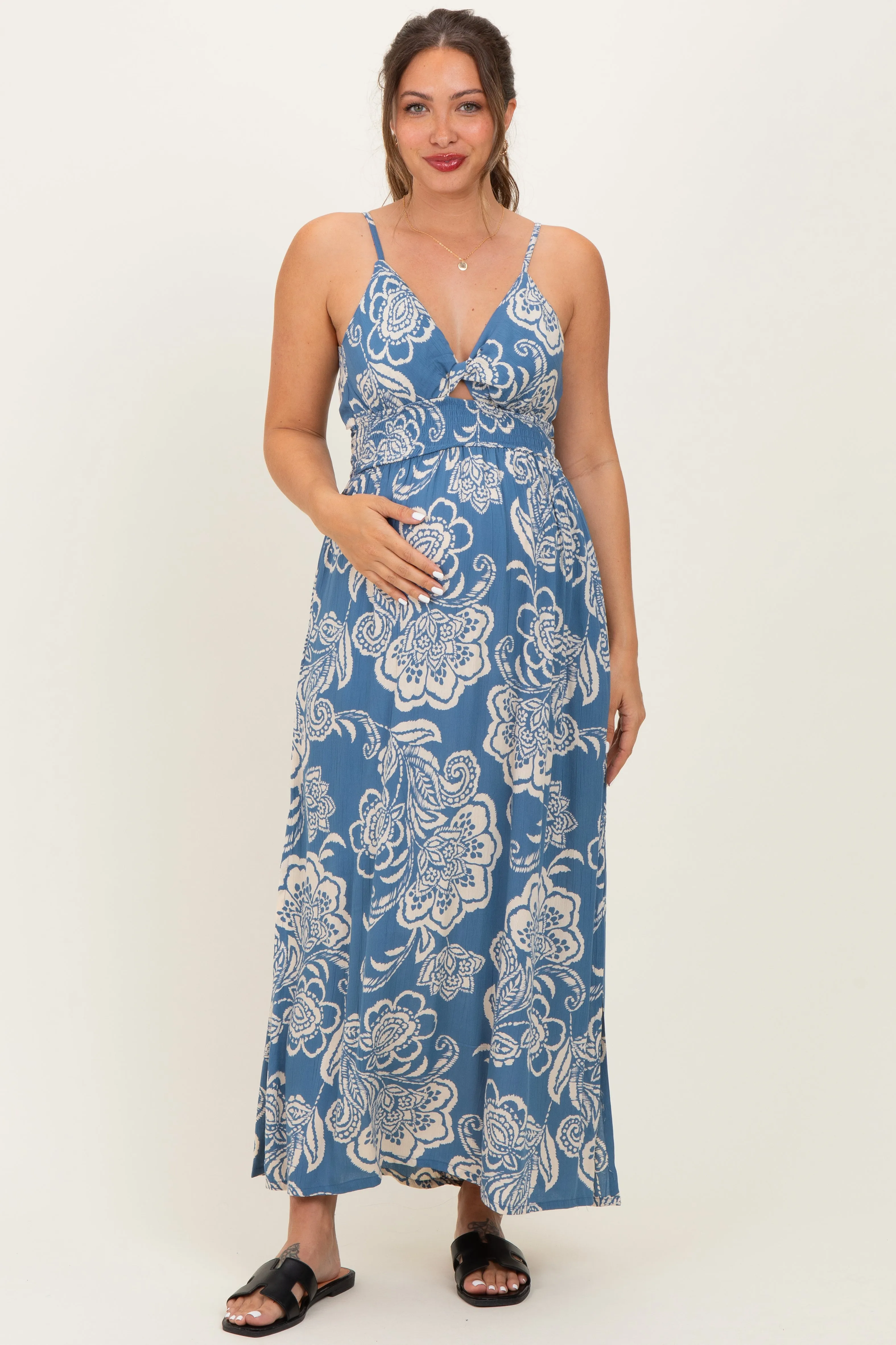 Blue Floral Twist Front Tie Back Maternity Maxi Dress sold by Pinkblush