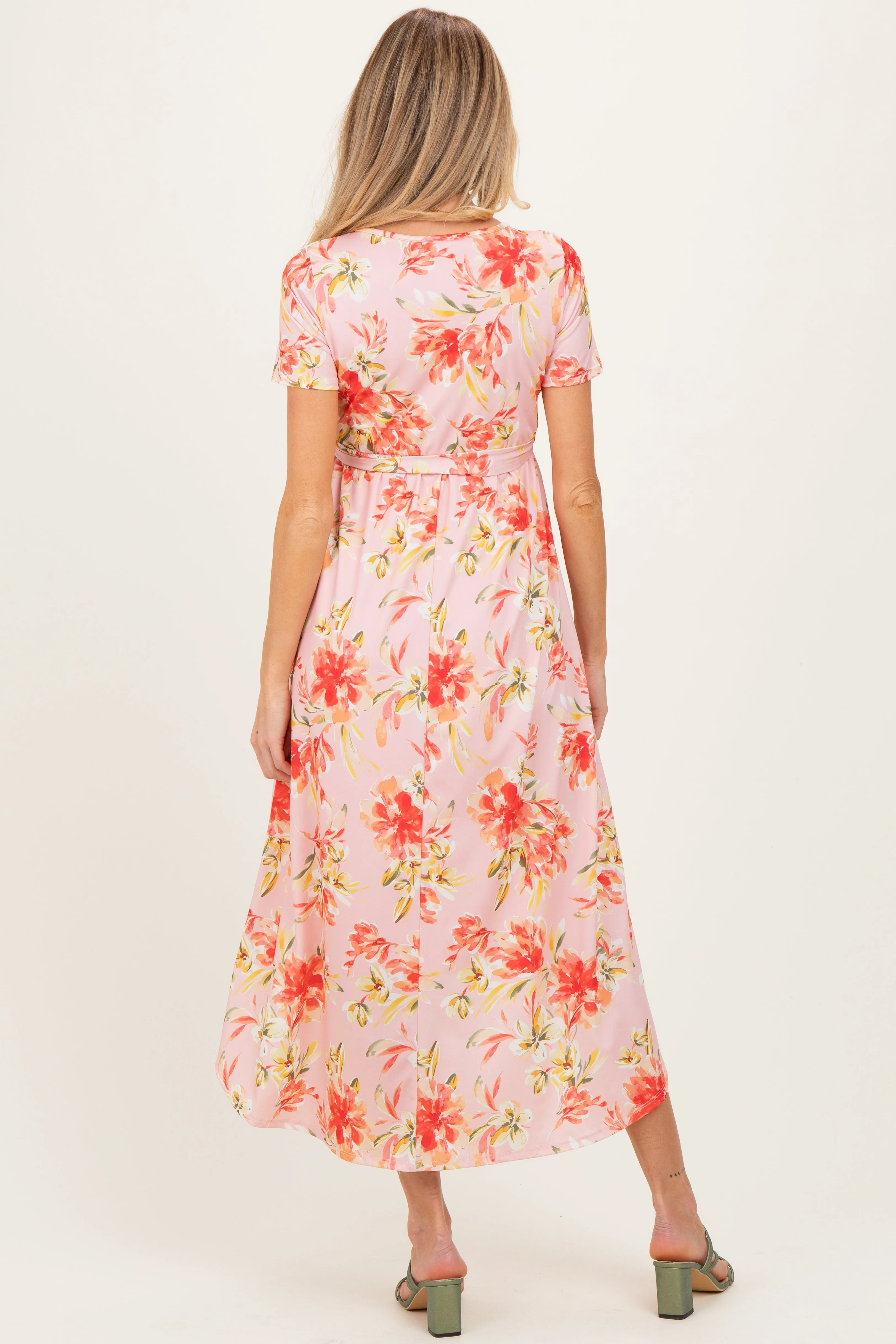 Peach Floral Print Short Sleeve Hi-Low Maternity Wrap Dress sold by Pinkblush product image thumbnail 4