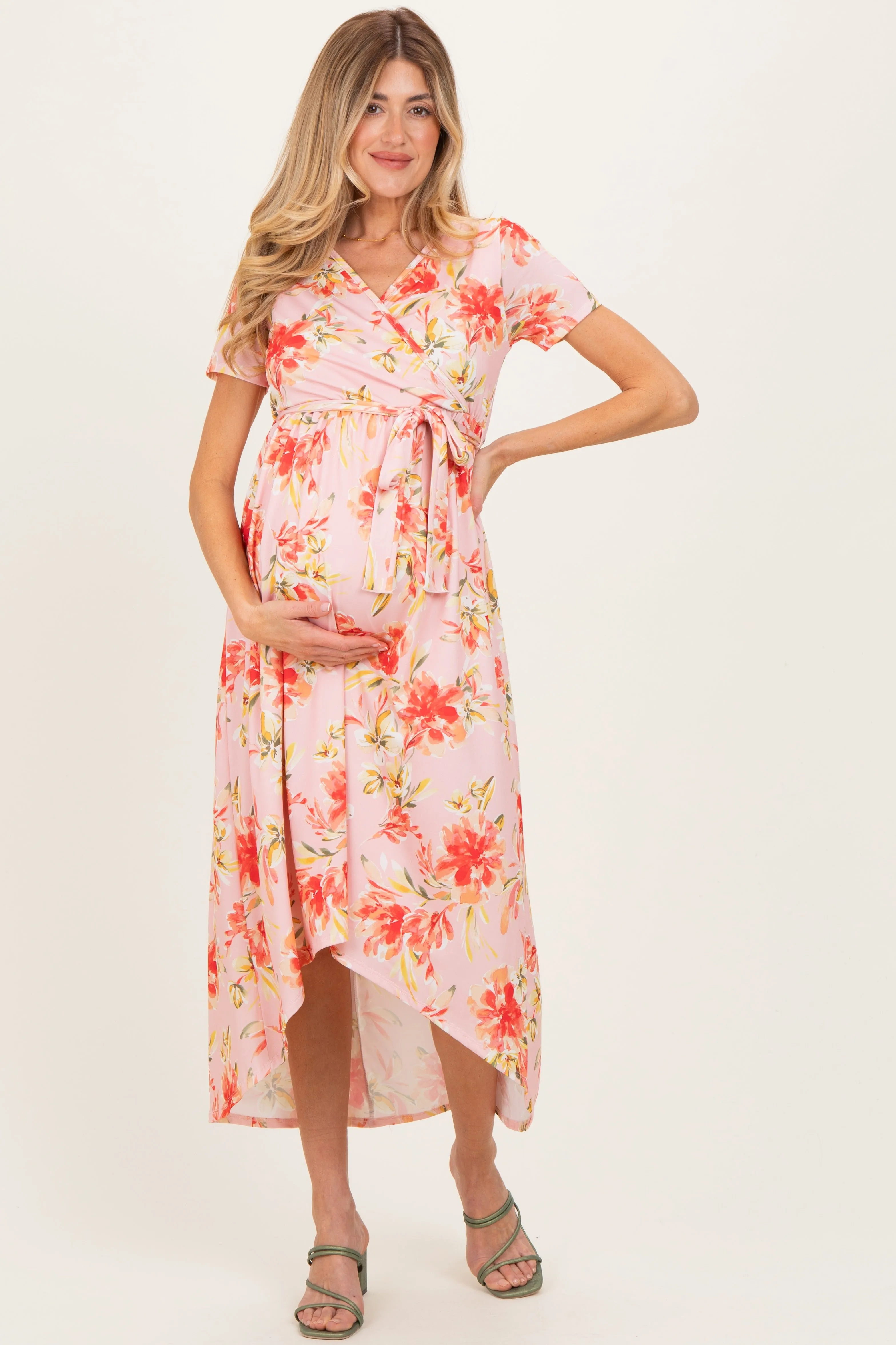 Peach Floral Print Short Sleeve Hi-Low Maternity Wrap Dress sold by Pinkblush
